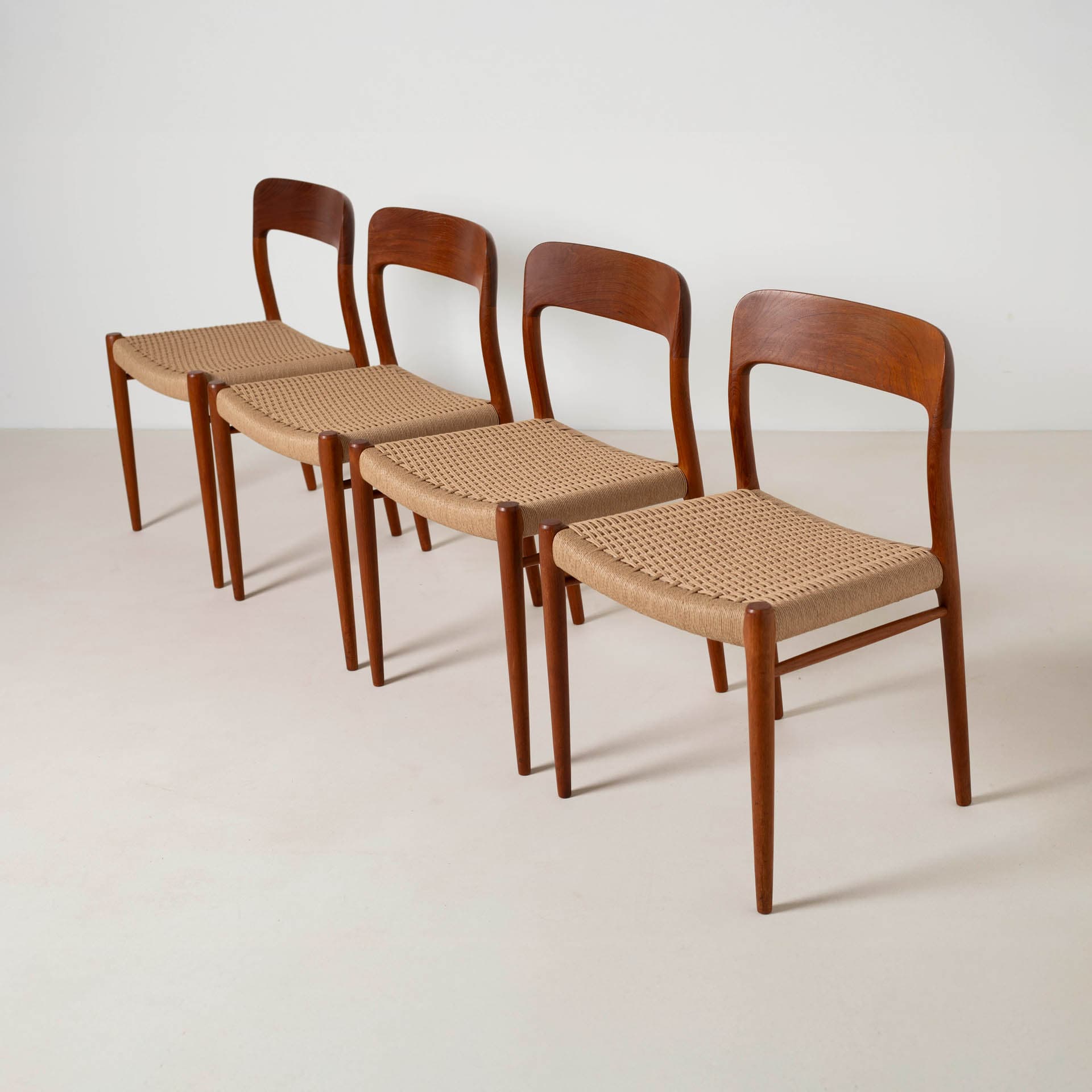 Set of four chairs model 75, reddish-brown teak, beige paper cord, by N. O. Møller, Denmark, 1960s. - 299423
