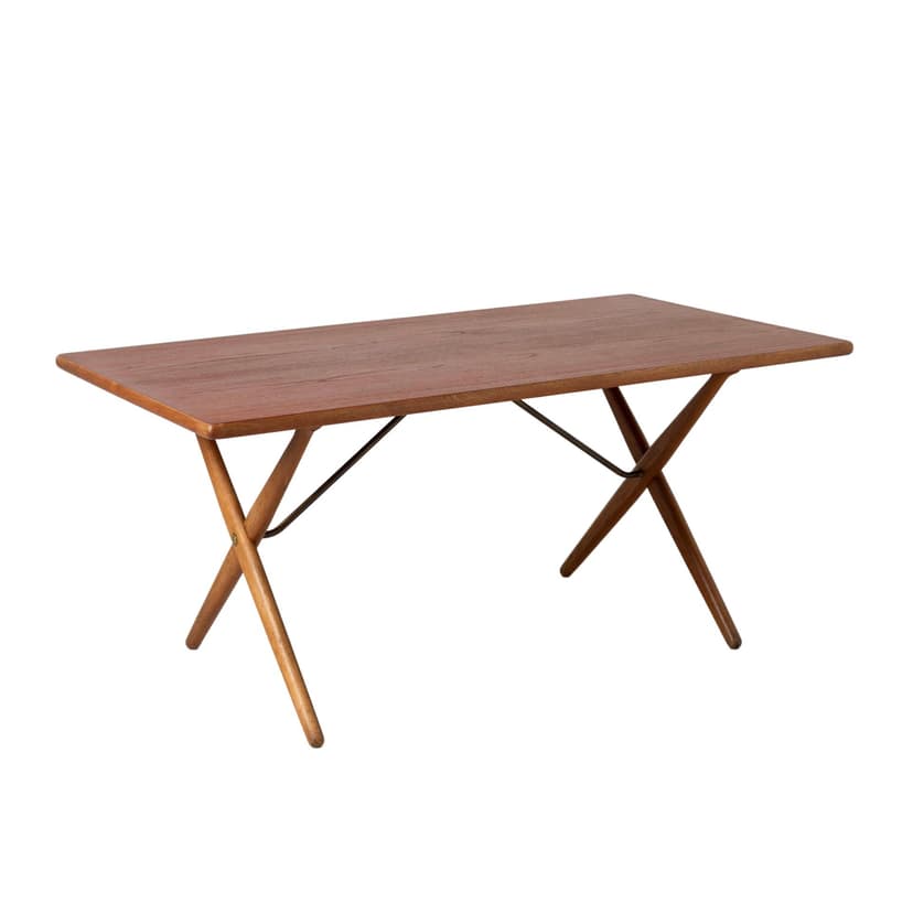 Dining Table AT-303 Sawhorse, brown teak, beige oak, by H. Wegner, Andreas Tuck, Denmark, 1960s.