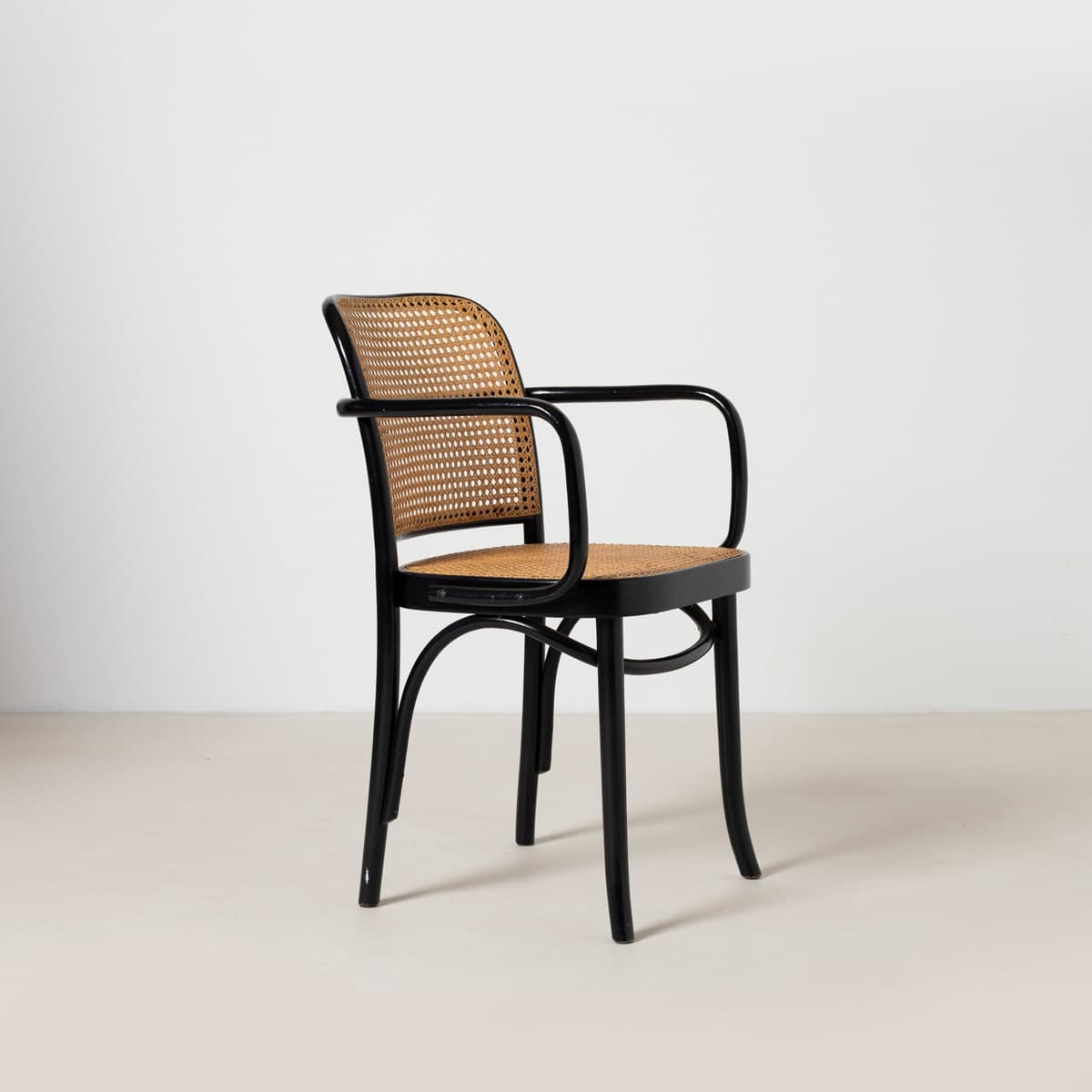 Set of Four Armchairs Prague 811, black beech, natural rattan, by J. Hoffmann, Zakład Mebli Giętych w Radomsku, Poland, 1970s. - 299455