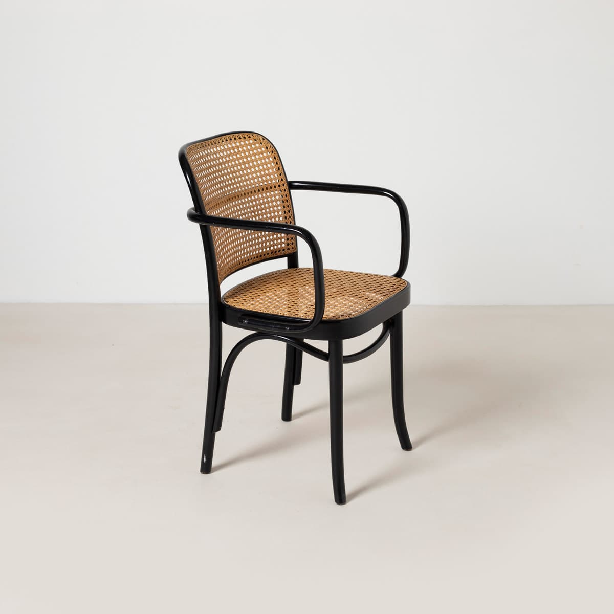 Set of Four Armchairs Prague 811, black beech, natural rattan, by J. Hoffmann, Zakład Mebli Giętych w Radomsku, Poland, 1970s. - 299456