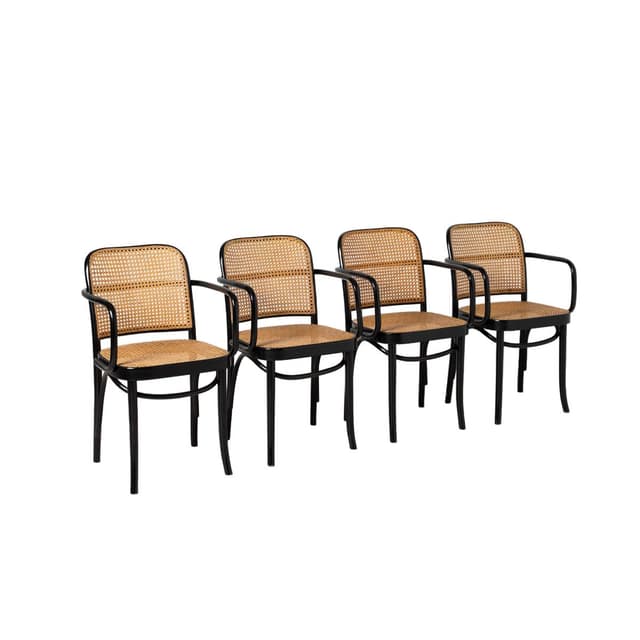 Set of Four Armchairs Prague 811, black beech, natural rattan, by J. Hoffmann, Zakład Mebli Giętych w Radomsku, Poland, 1970s. - DIMENSION