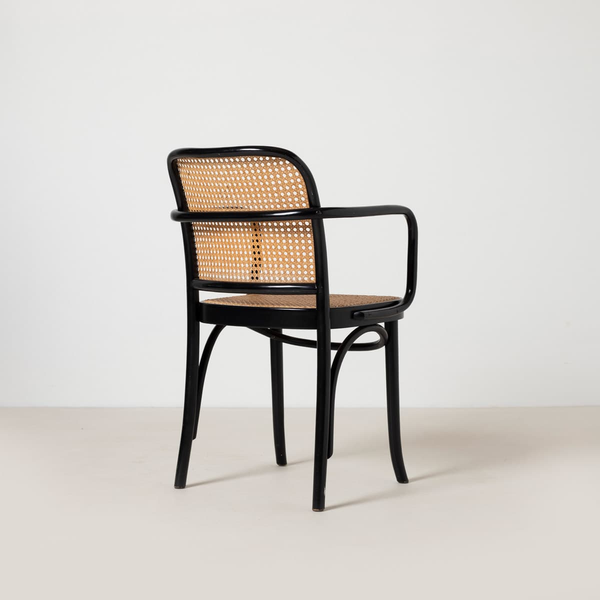 Set of Four Armchairs Prague 811, black beech, natural rattan, by J. Hoffmann, Zakład Mebli Giętych w Radomsku, Poland, 1970s. - 299459