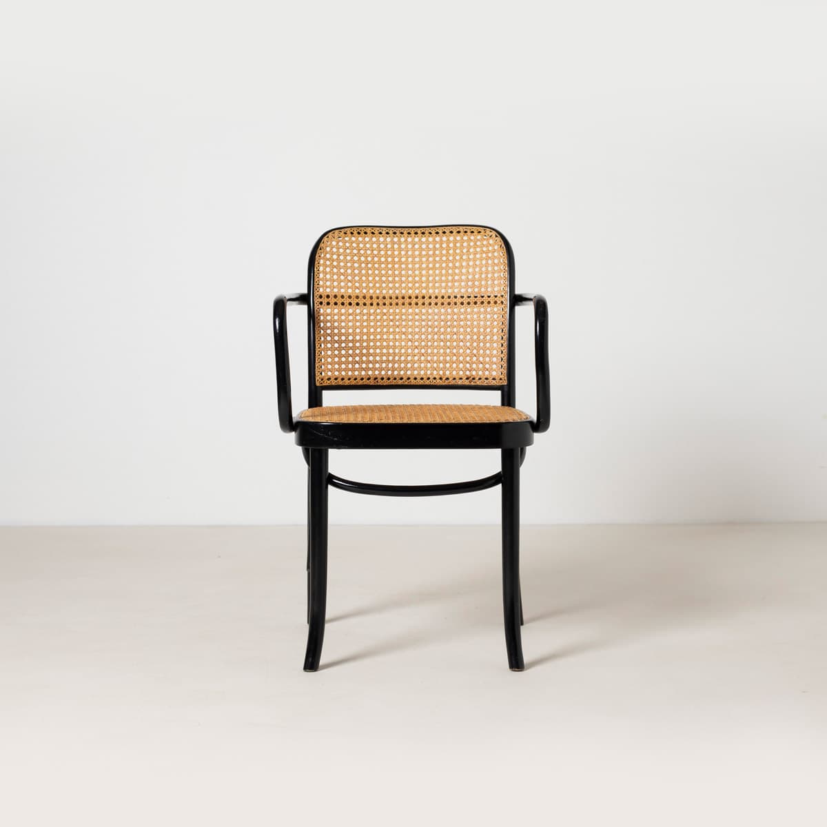 Set of Four Armchairs Prague 811, black beech, natural rattan, by J. Hoffmann, Zakład Mebli Giętych w Radomsku, Poland, 1970s. - 299454