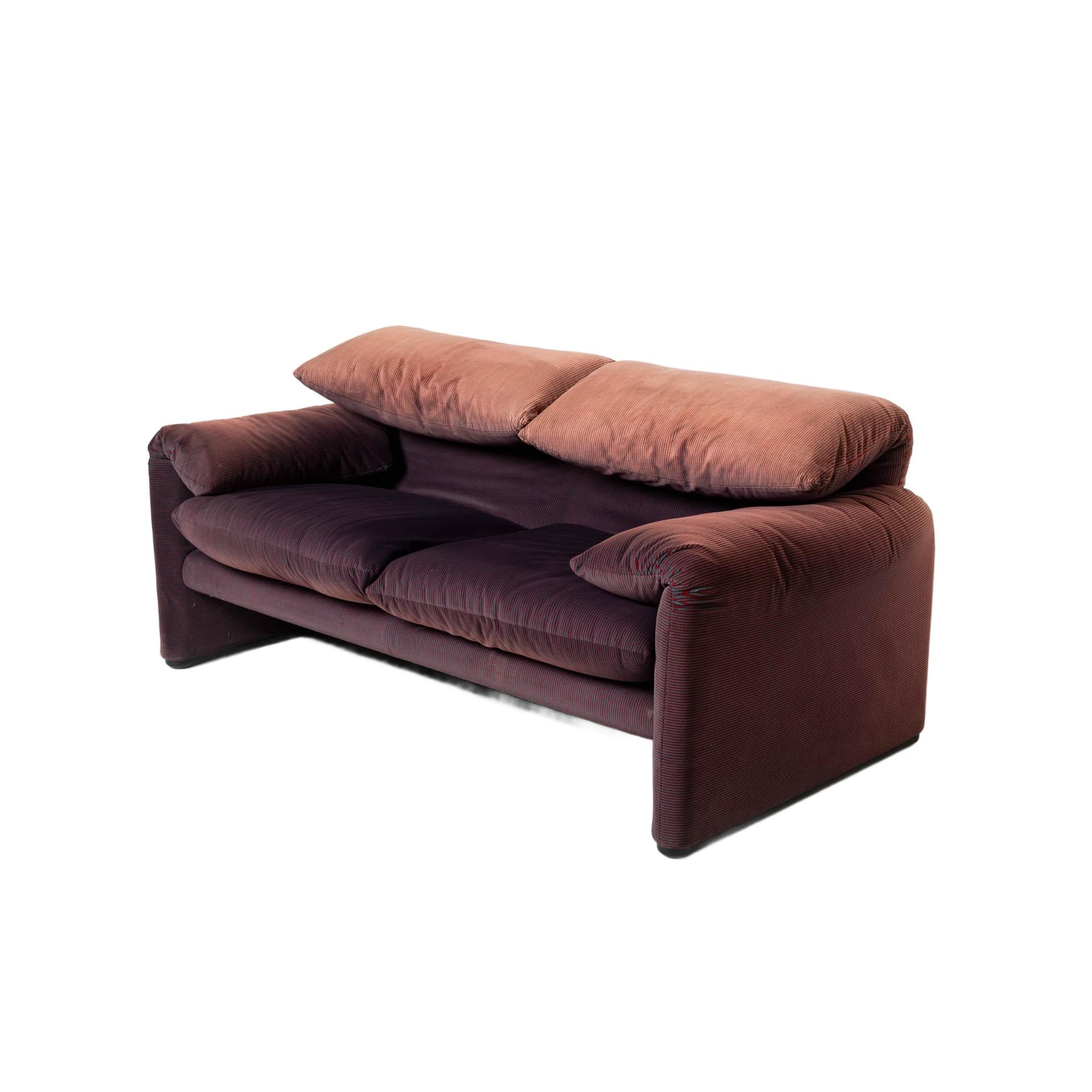 Two-seater sofa Maralunga, purple-burgundy striped fabric, black plastic, by V. Magistretti, Cassina, Italy, 1980s.