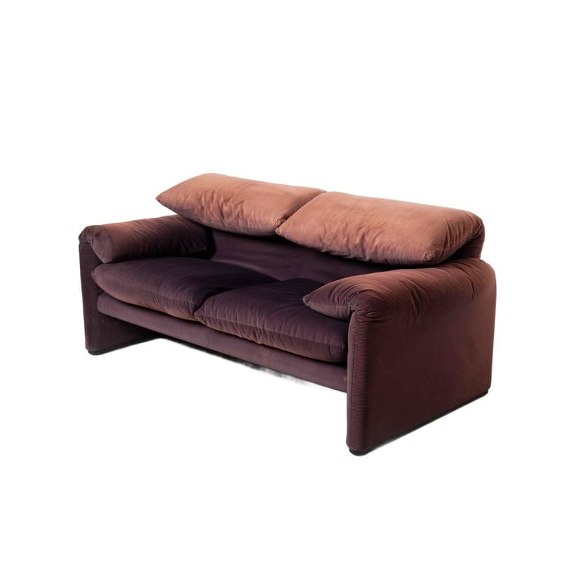 Two-seater sofa Maralunga, purple-burgundy striped fabric, black plastic, by V. Magistretti, Cassina, Italy, 1980s.