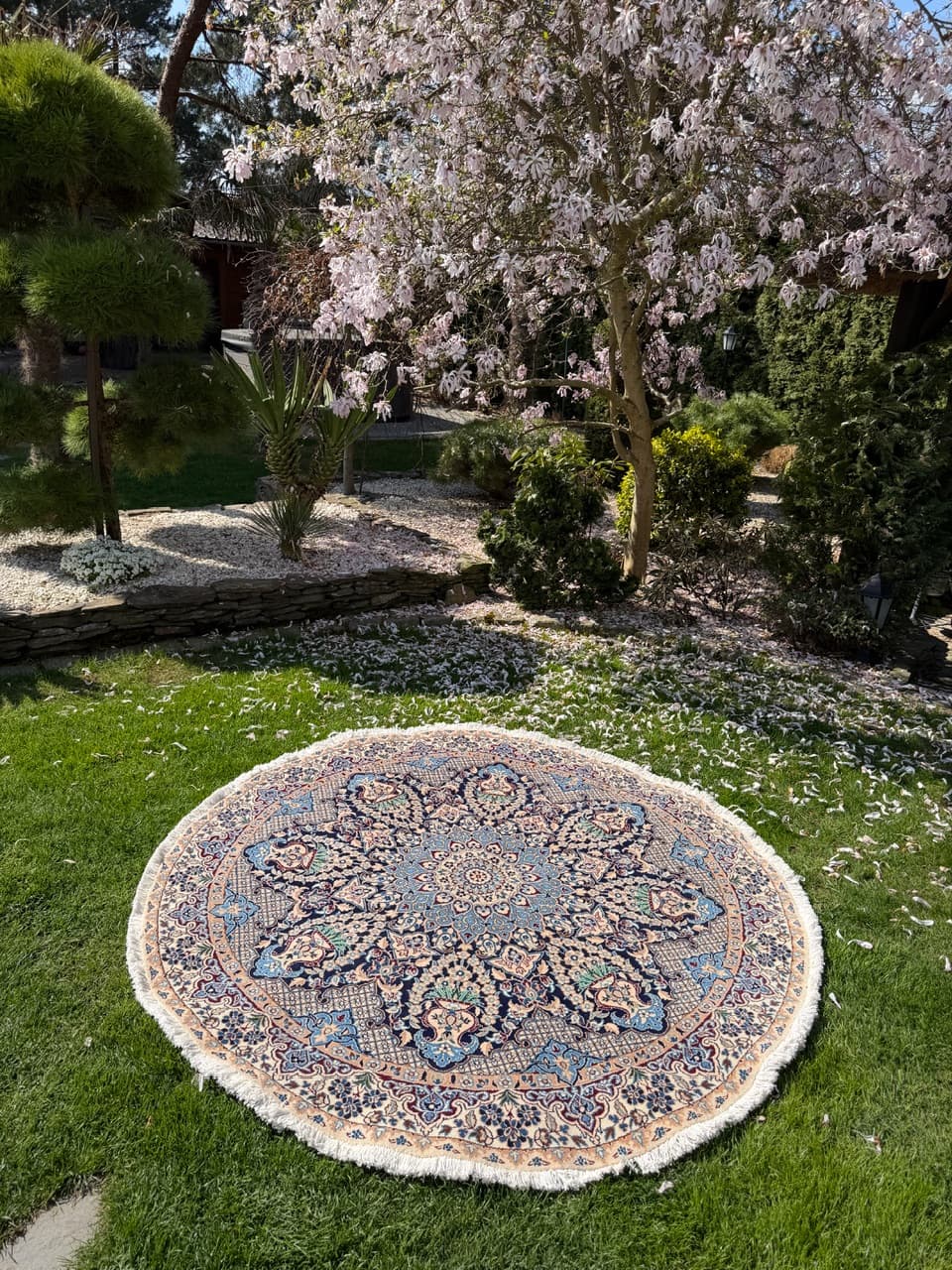 Dywan okrągły Nain 190x190 cm, wełna kaszmirowa granatowa, jedwab biały, Iran - 299496