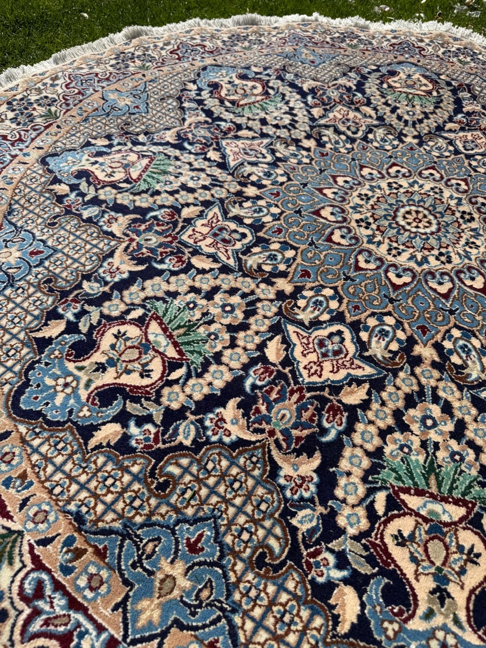 Dywan okrągły Nain 190x190 cm, wełna kaszmirowa granatowa, jedwab biały, Iran - 299498