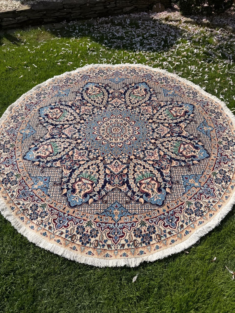 Dywan okrągły Nain 190x190 cm, wełna kaszmirowa granatowa, jedwab biały, Iran - 299497