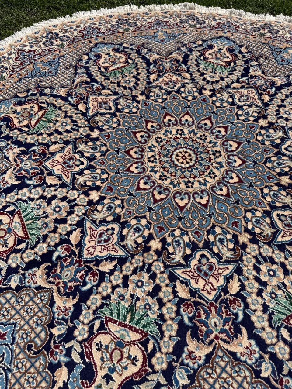 Dywan okrągły Nain 190x190 cm, wełna kaszmirowa granatowa, jedwab biały, Iran - 299506