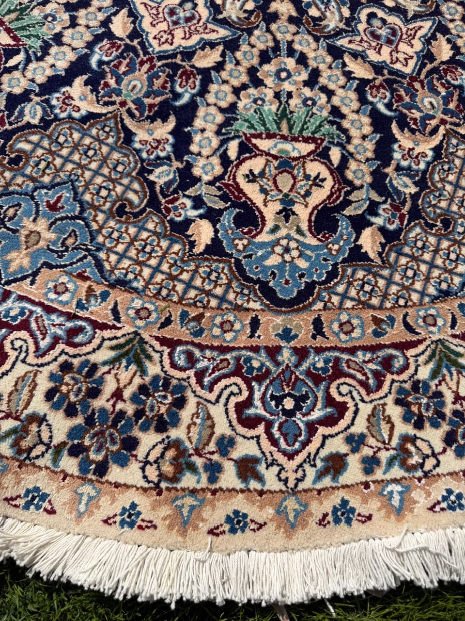 Dywan okrągły Nain 190x190 cm, wełna kaszmirowa granatowa, jedwab biały, Iran - 299499