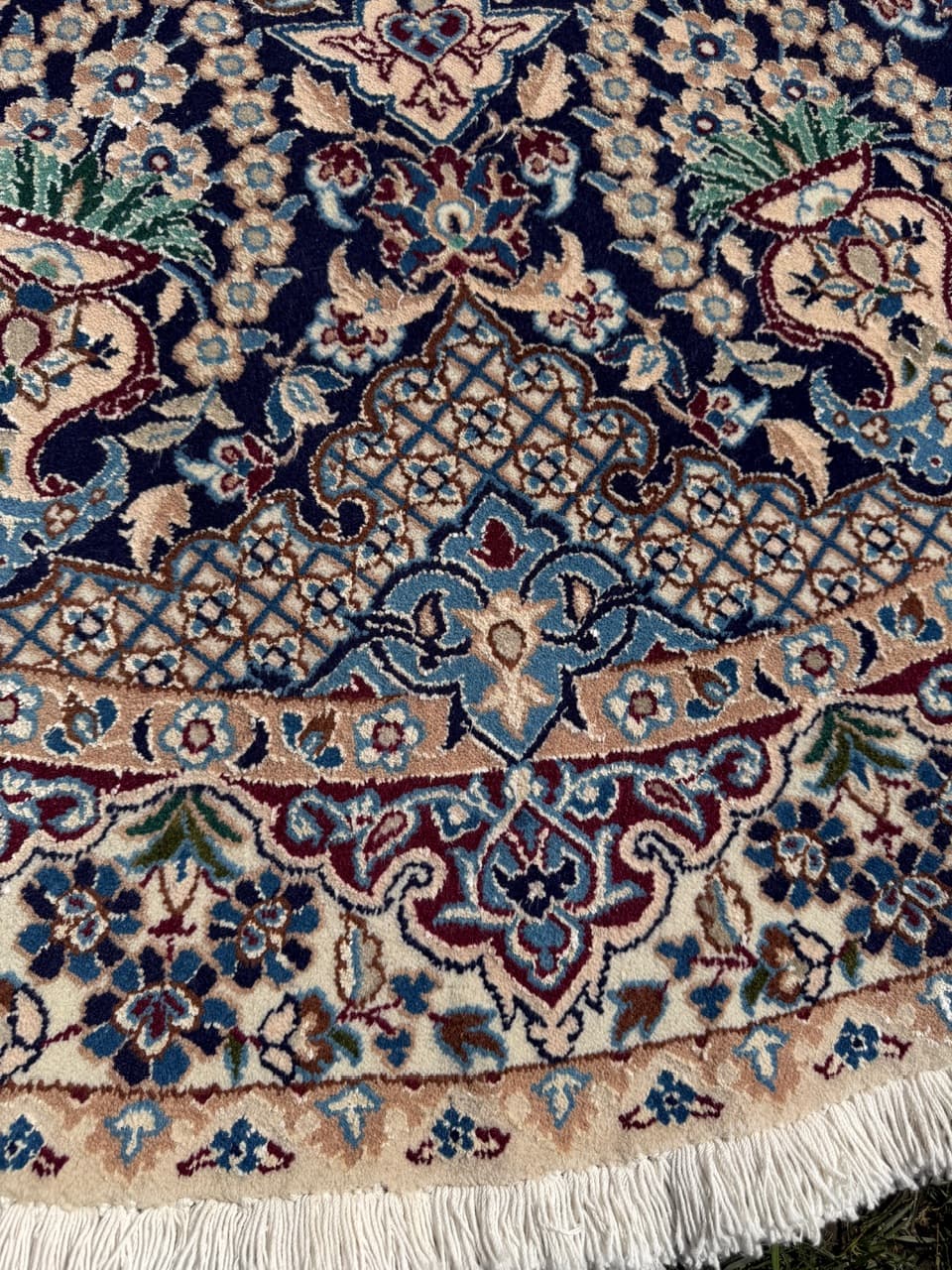 Dywan okrągły Nain 190x190 cm, wełna kaszmirowa granatowa, jedwab biały, Iran - 299505