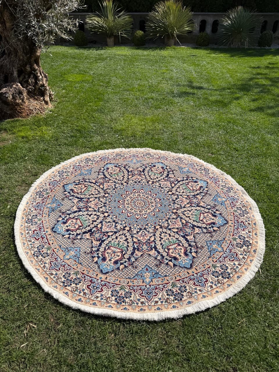 Dywan okrągły Nain 190x190 cm, wełna kaszmirowa granatowa, jedwab biały, Iran - 299504