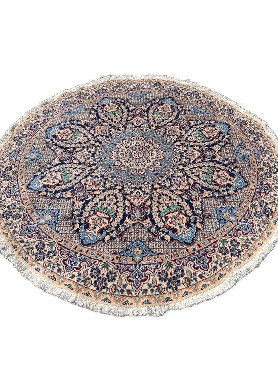 Dywan okrągły Nain 190x190 cm, wełna kaszmirowa granatowa, jedwab biały, Iran
