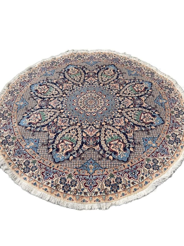 Dywan okrągły Nain 190x190 cm, wełna kaszmirowa granatowa, jedwab biały, Iran - WYMIARY