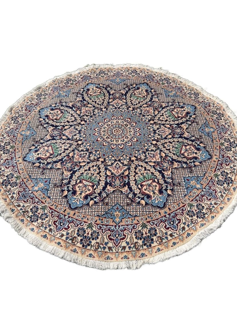 Dywan okrągły Nain 190x190 cm, wełna kaszmirowa granatowa, jedwab biały, Iran