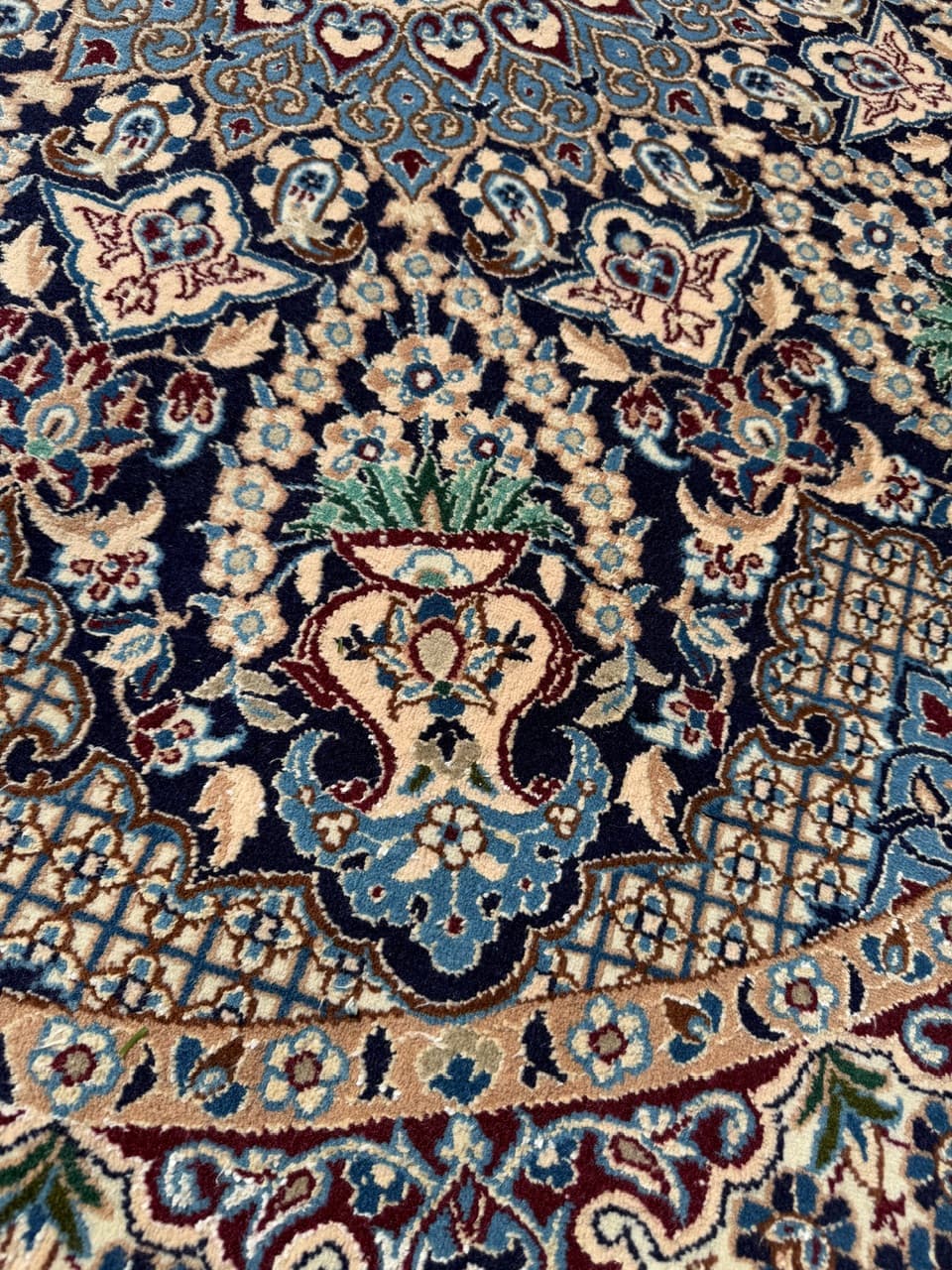 Dywan okrągły Nain 190x190 cm, wełna kaszmirowa granatowa, jedwab biały, Iran - 299500