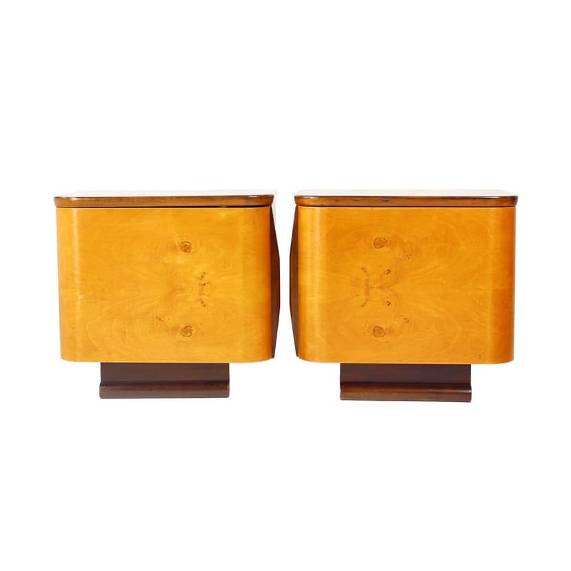 Para szafek nocnych Art Deco, orzech brązowy żółty, Czechosłowacja, lata 40.
