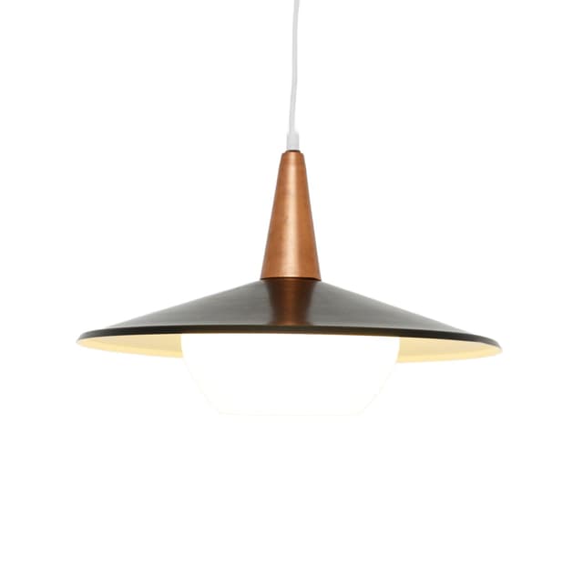 Lampa wisząca, metal czarny, miedź, szkło, Dania, lata 70. - WYMIARY