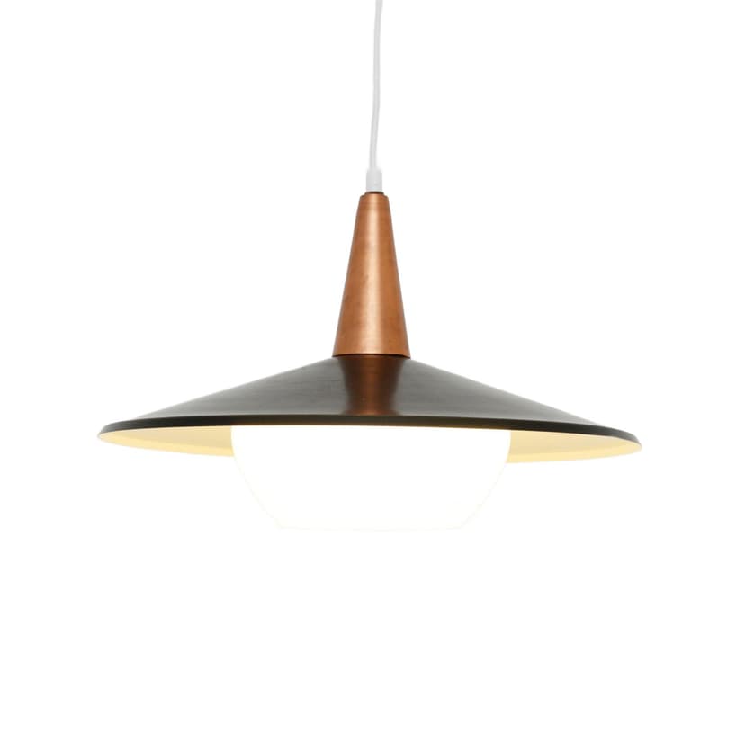 Lampa wisząca, metal czarny, miedź, szkło, Dania, lata 70.