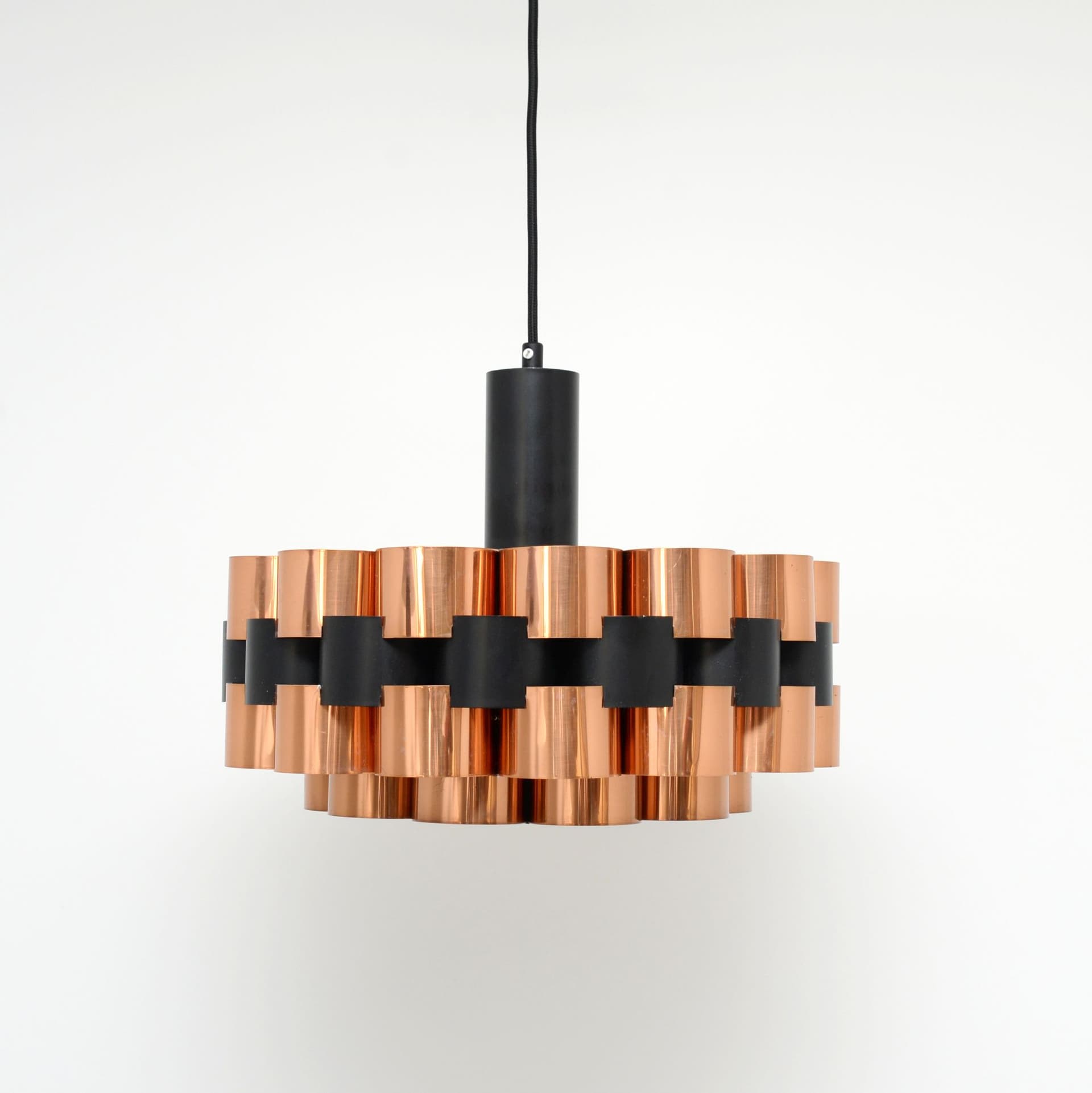 Lampa wisząca, miedź złoty, metal czarny, proj. W. Schou, Dania, lata 70. - 299855