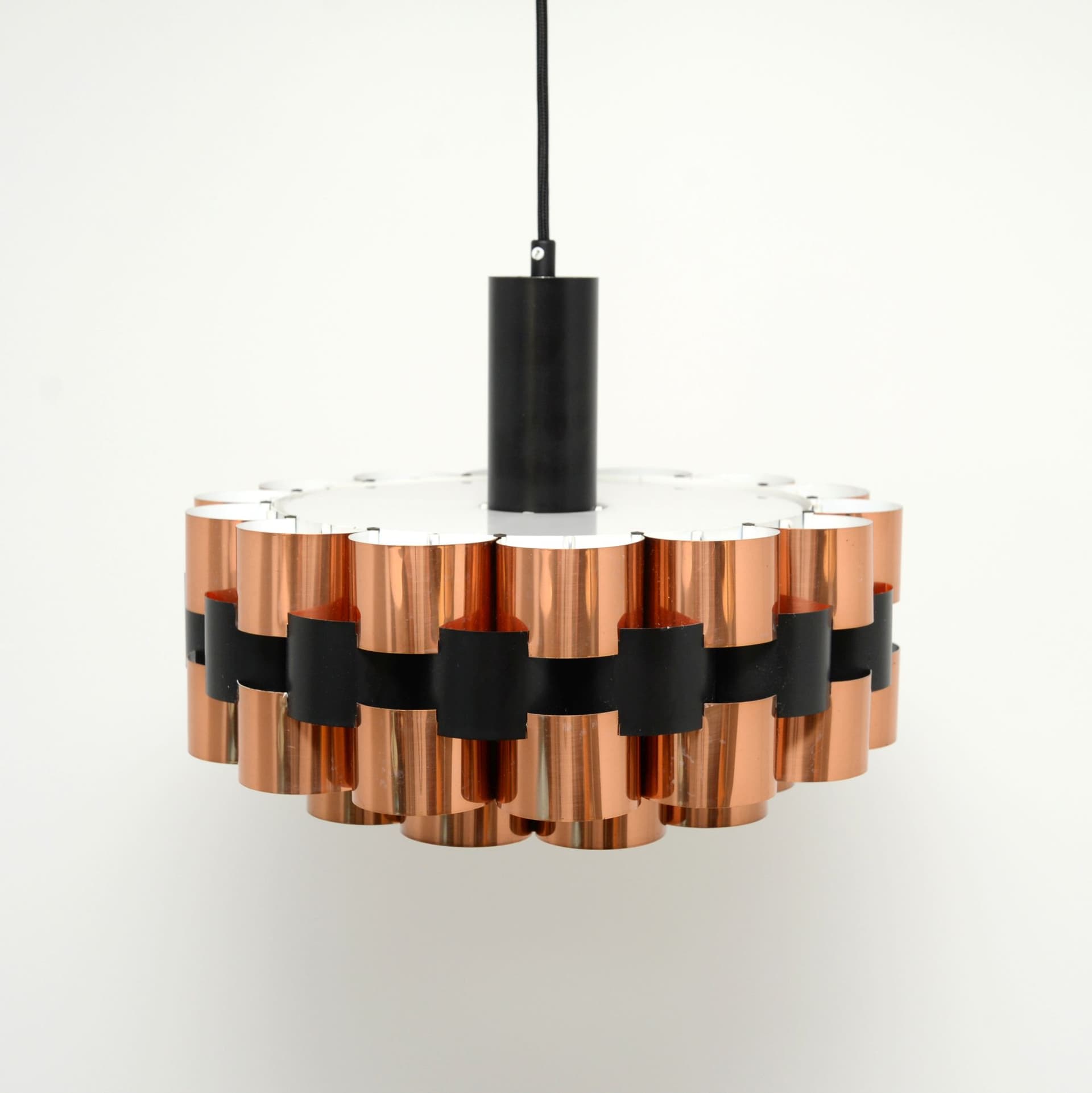 Lampa wisząca, miedź złoty, metal czarny, proj. W. Schou, Dania, lata 70. - 299851