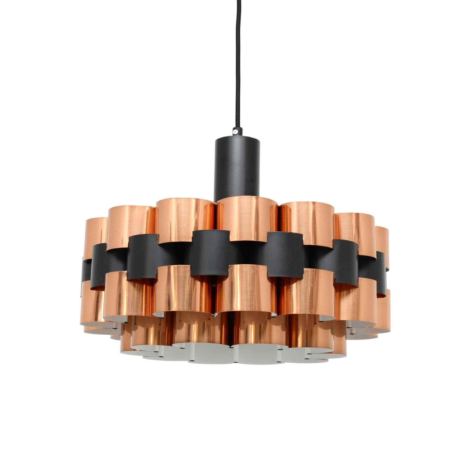 Lampa wisząca, miedź złoty, metal czarny, proj. W. Schou, Dania, lata 70.