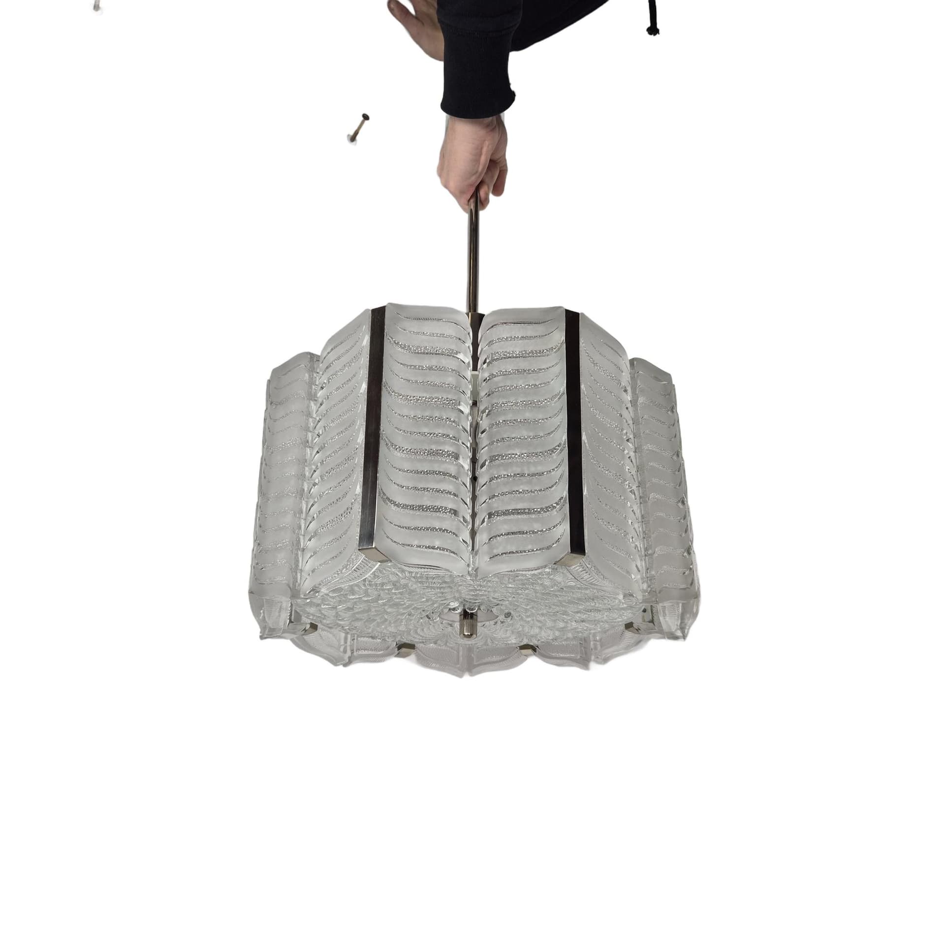 Chandelier, transparent crystal, silver metal, Kalmar, Austria, 1960s.