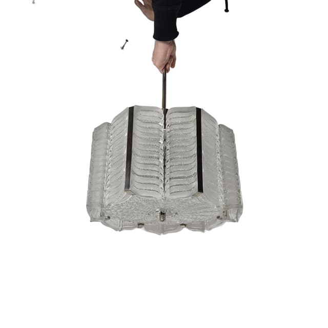 Chandelier, transparent crystal, silver metal, Kalmar, Austria, 1960s. - DIMENSION