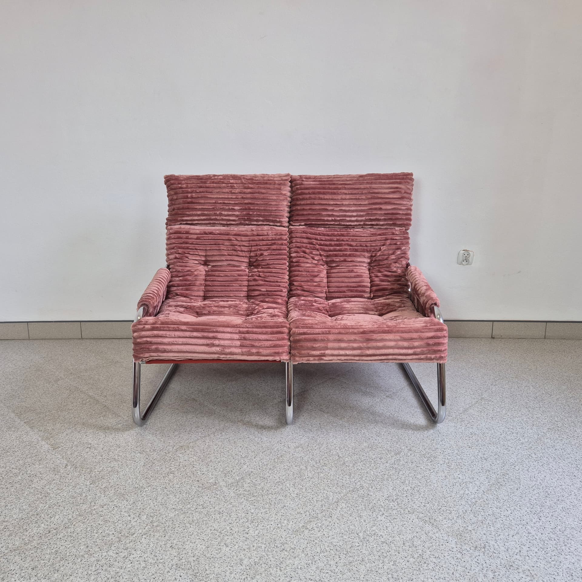 Two-seater sofa, pink corduroy, chrome, by G. Lundgren, Ikea, Sweden, 1970s. - 299922