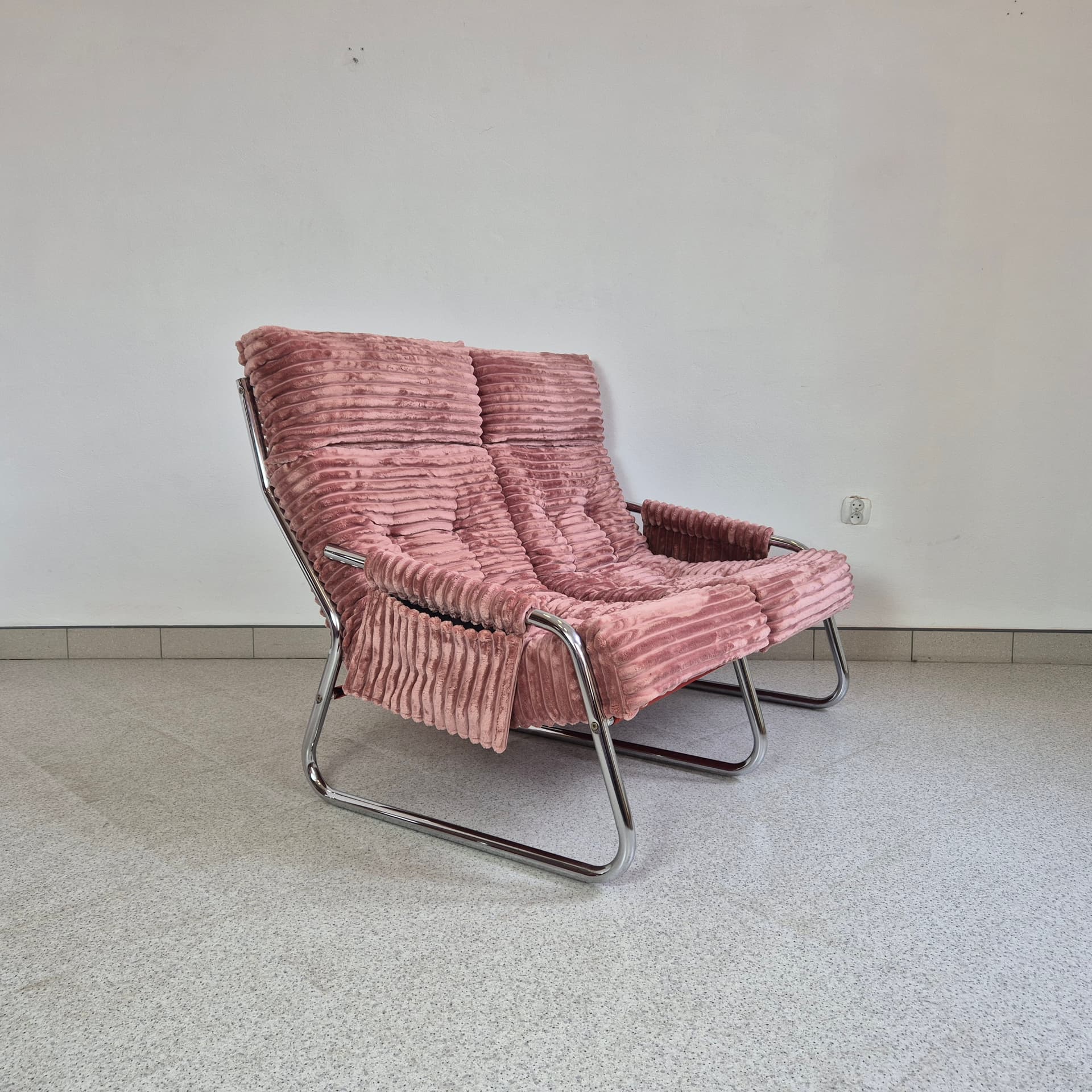 Two-seater sofa, pink corduroy, chrome, by G. Lundgren, Ikea, Sweden, 1970s. - 299919
