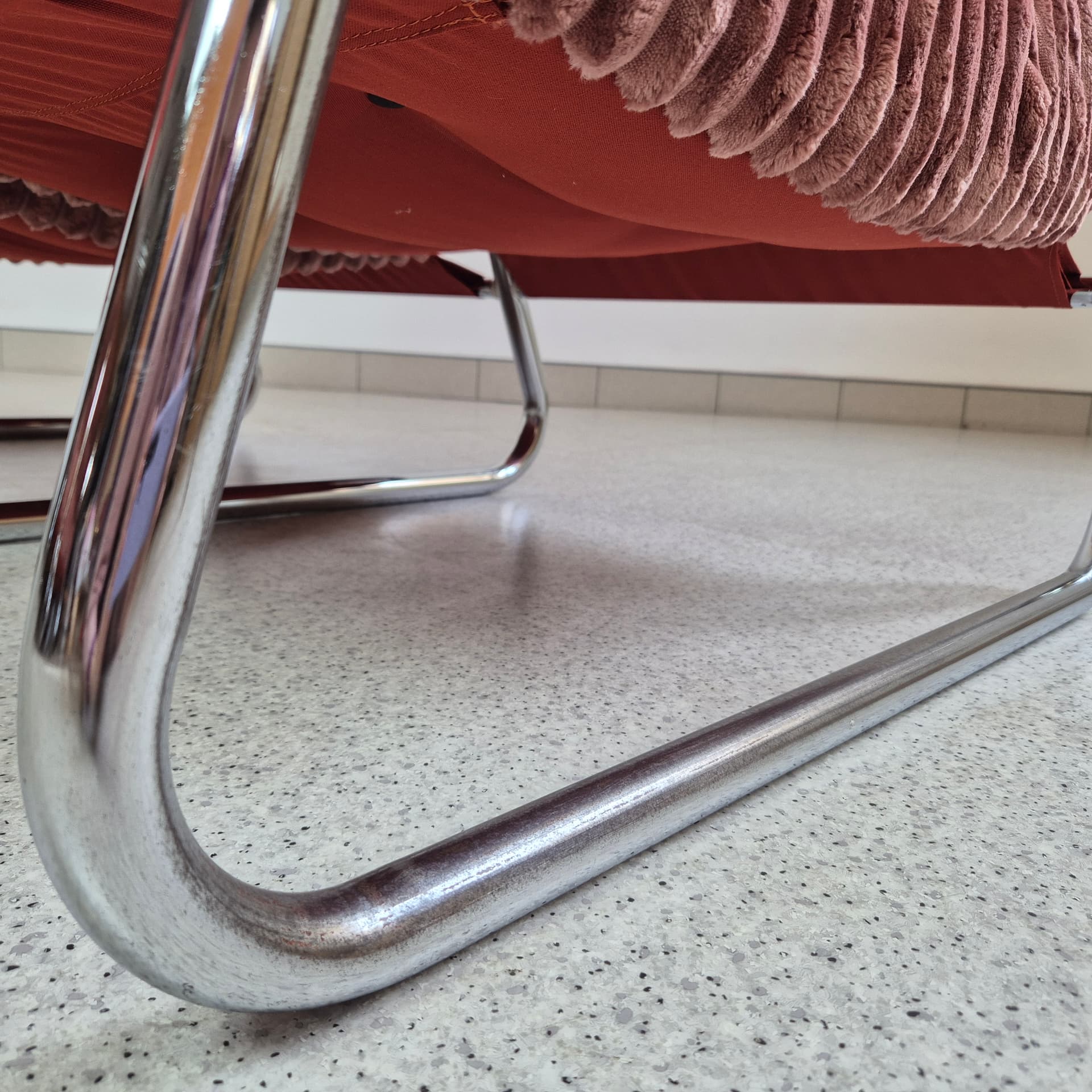 Two-seater sofa, pink corduroy, chrome, by G. Lundgren, Ikea, Sweden, 1970s. - 299925