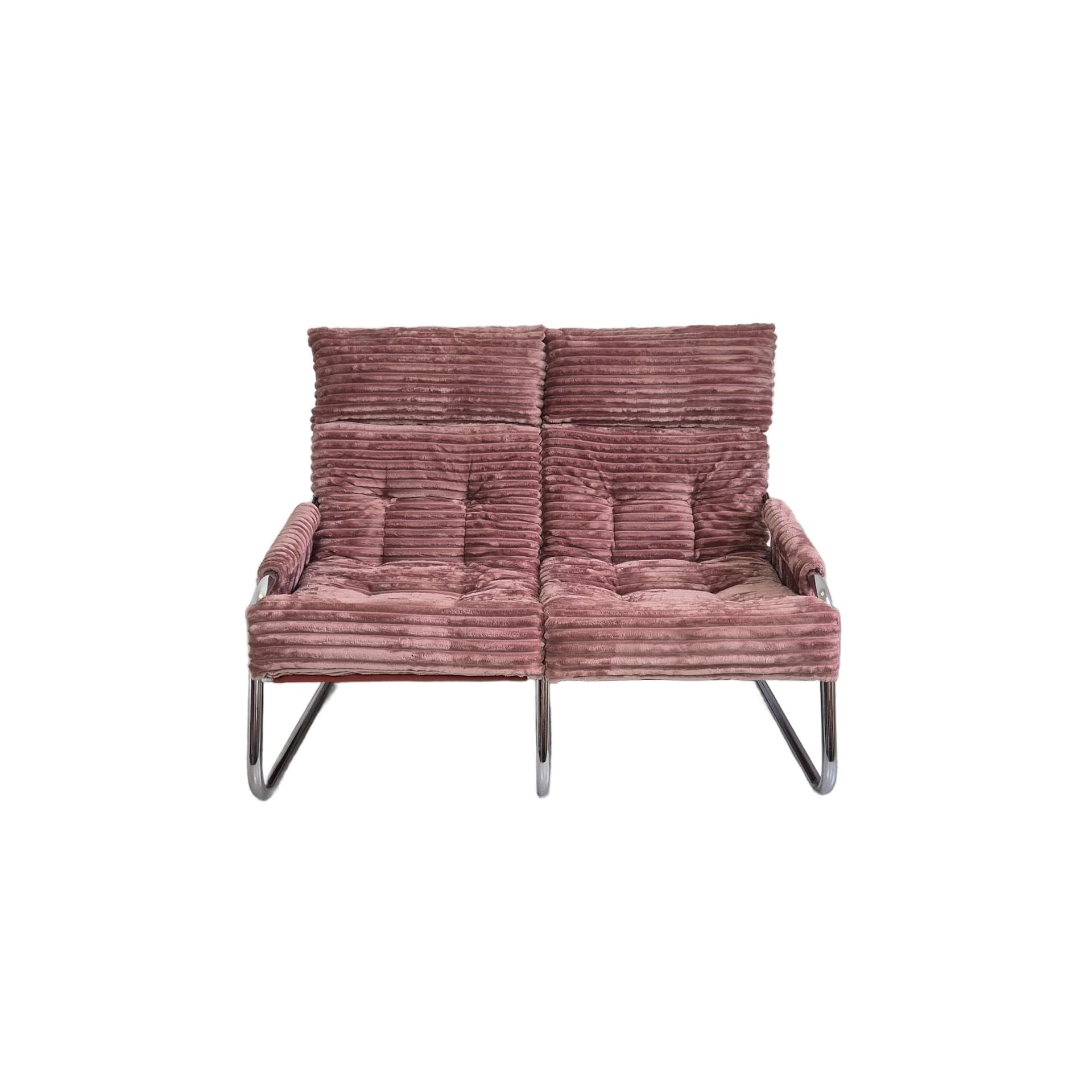 Two-seater sofa, pink corduroy, chrome, by G. Lundgren, Ikea, Sweden, 1970s.