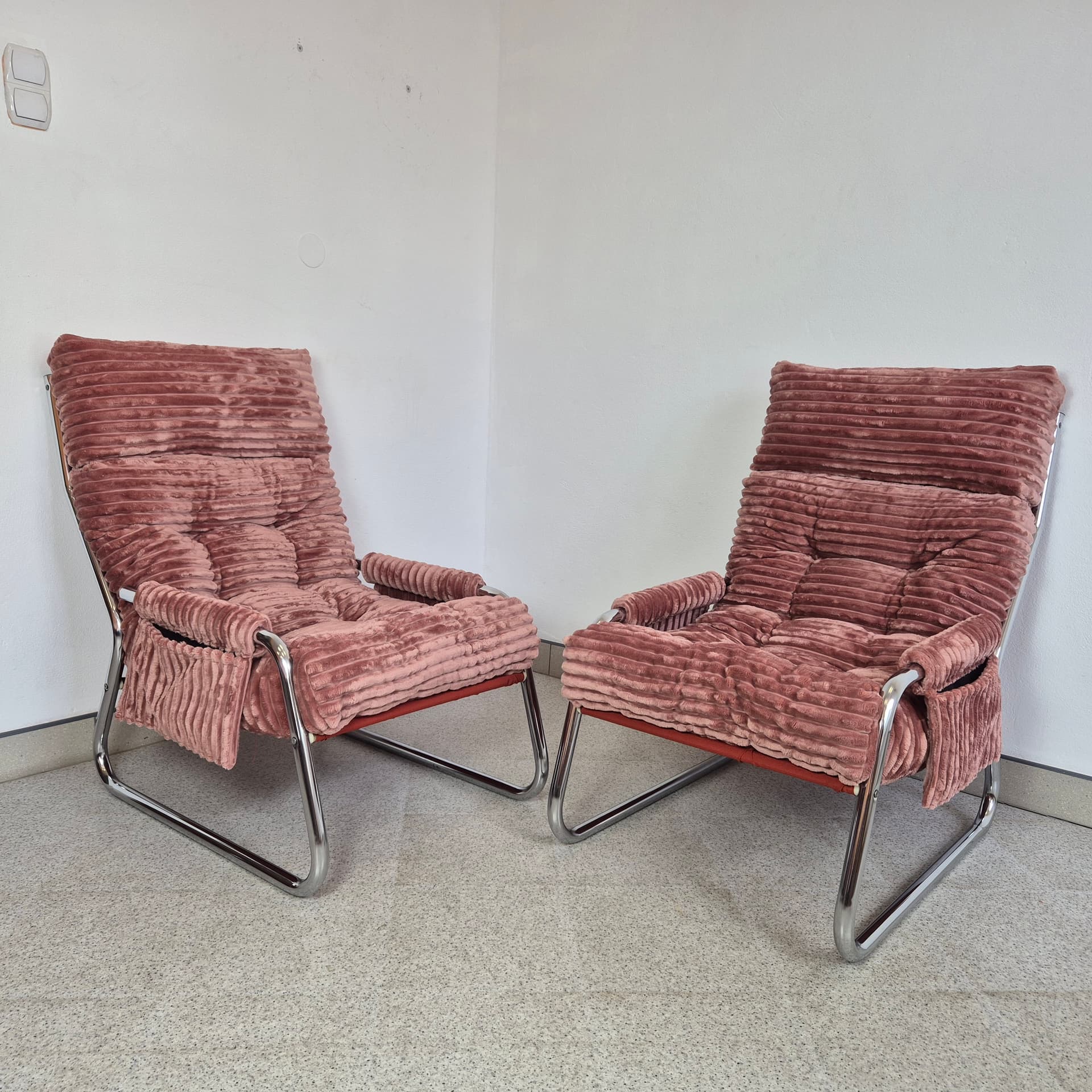 Armchair Tubular, pink corduroy, chrome, by G. Lundgren, for Ikea, Sweden, 1970s. - 299935