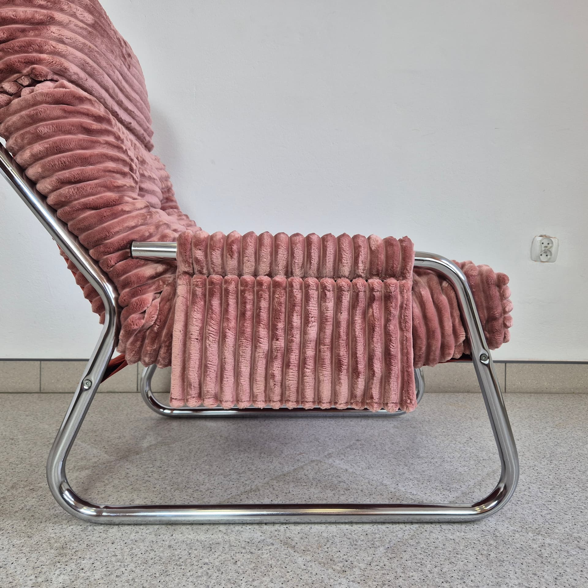 Armchair Tubular, pink corduroy, chrome, by G. Lundgren, for Ikea, Sweden, 1970s. - 299932