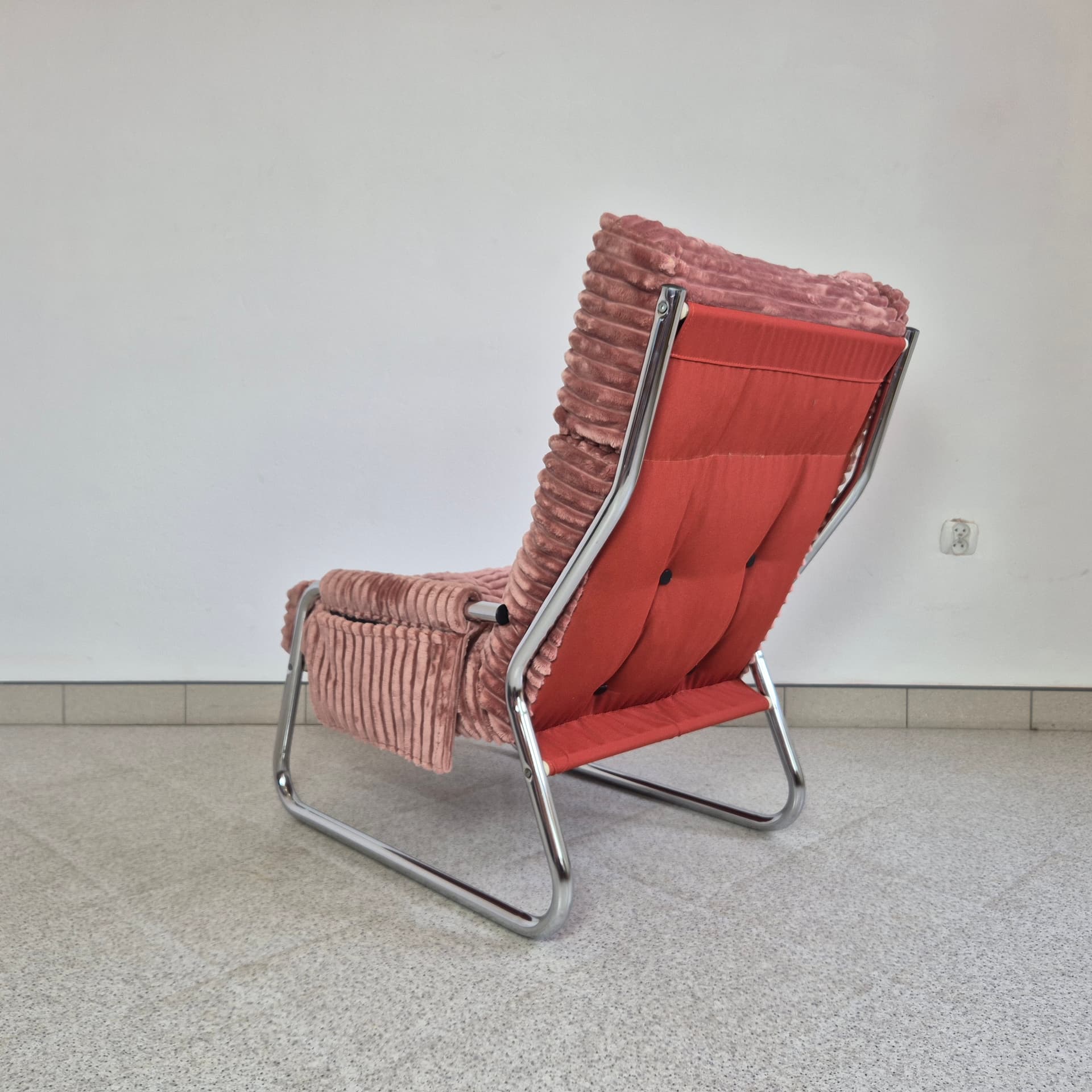 Armchair Tubular, pink corduroy, chrome, by G. Lundgren, for Ikea, Sweden, 1970s. - 299936