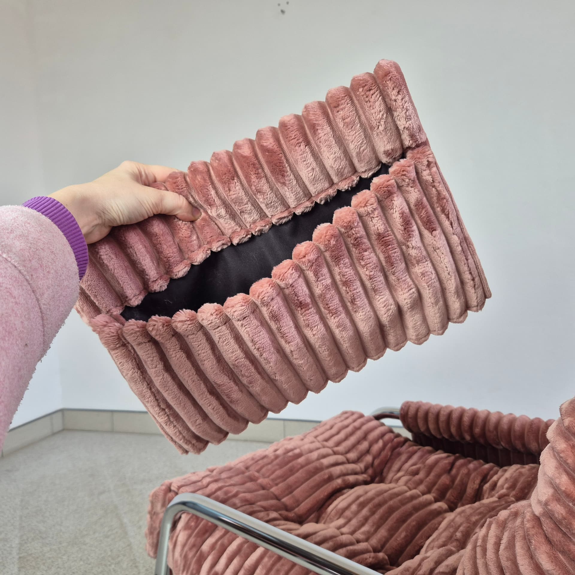 Armchair Tubular, pink corduroy, chrome, by G. Lundgren, for Ikea, Sweden, 1970s. - 299934