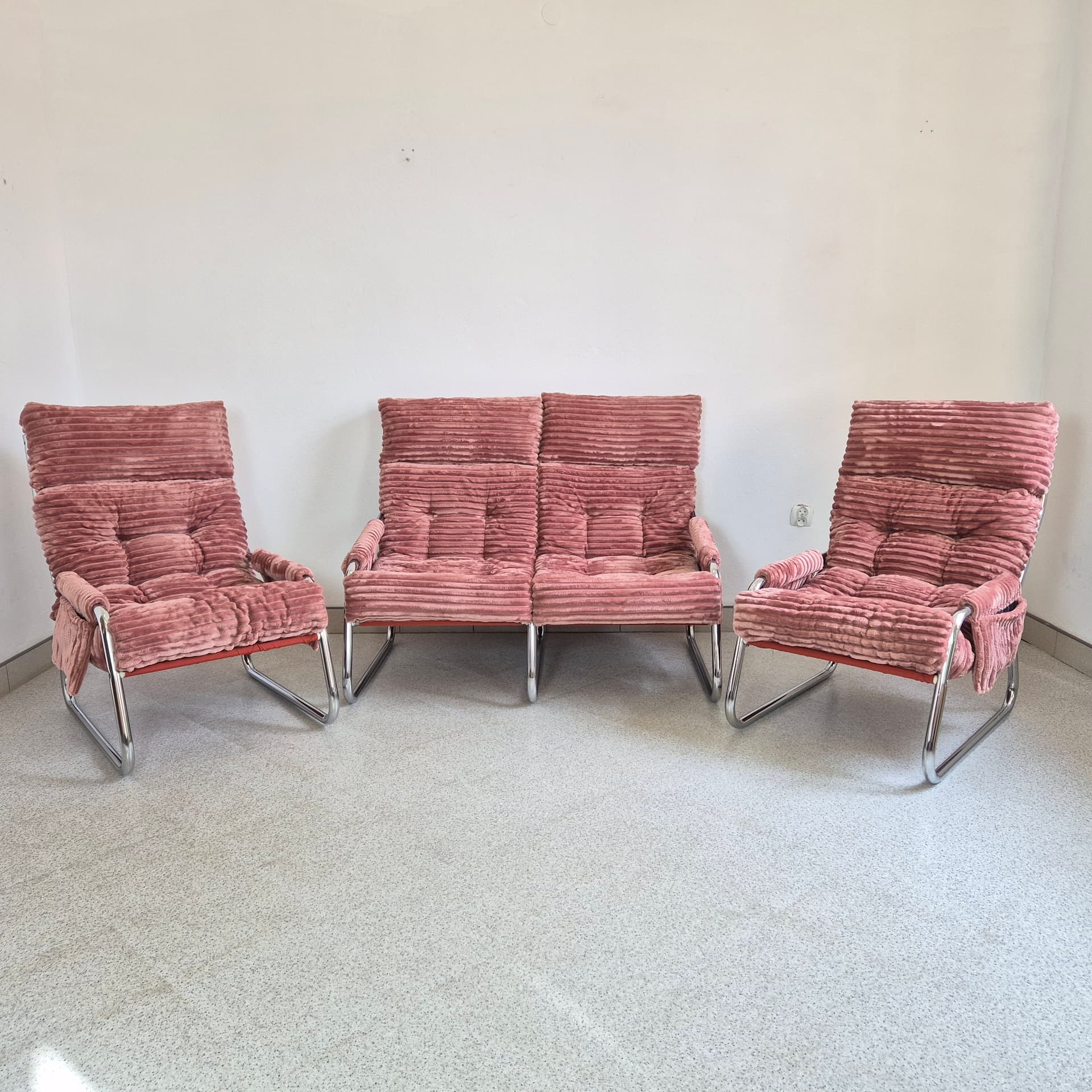 Armchair Tubular, pink corduroy, chrome, by G. Lundgren, for Ikea, Sweden, 1970s. - 299930