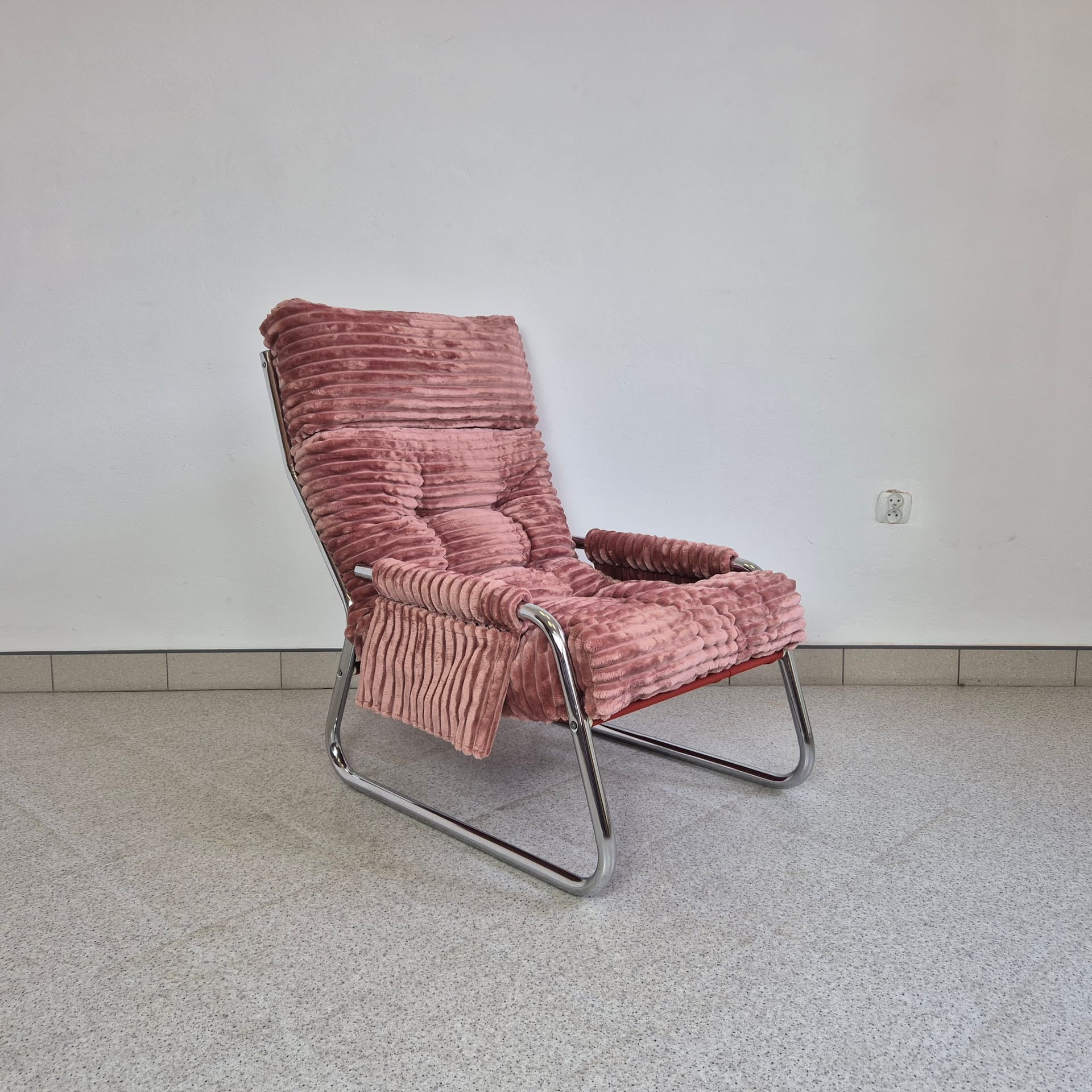 Armchair Tubular, pink corduroy, chrome, by G. Lundgren, for Ikea, Sweden, 1970s. - 299929