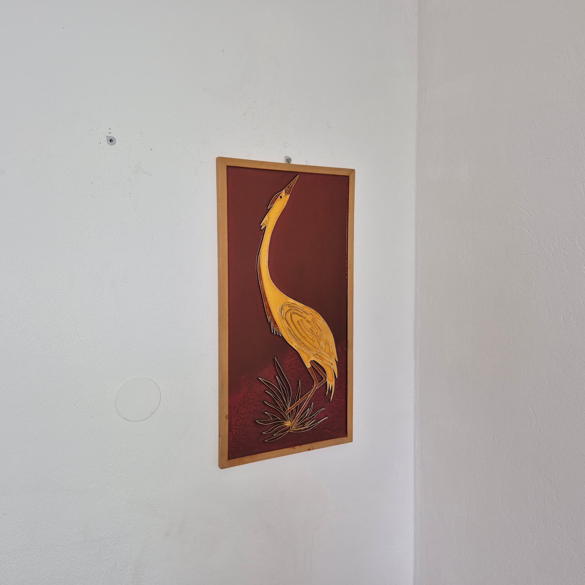 Płaskorzeźba ścienna, cloisonné żółty czerwony, metal emalia drewno, Norwegia, lata 70. - 299950