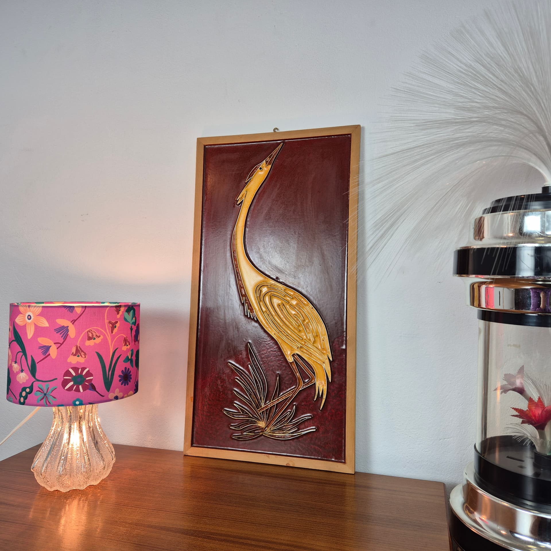Płaskorzeźba ścienna, cloisonné żółty czerwony, metal emalia drewno, Norwegia, lata 70. - 299953