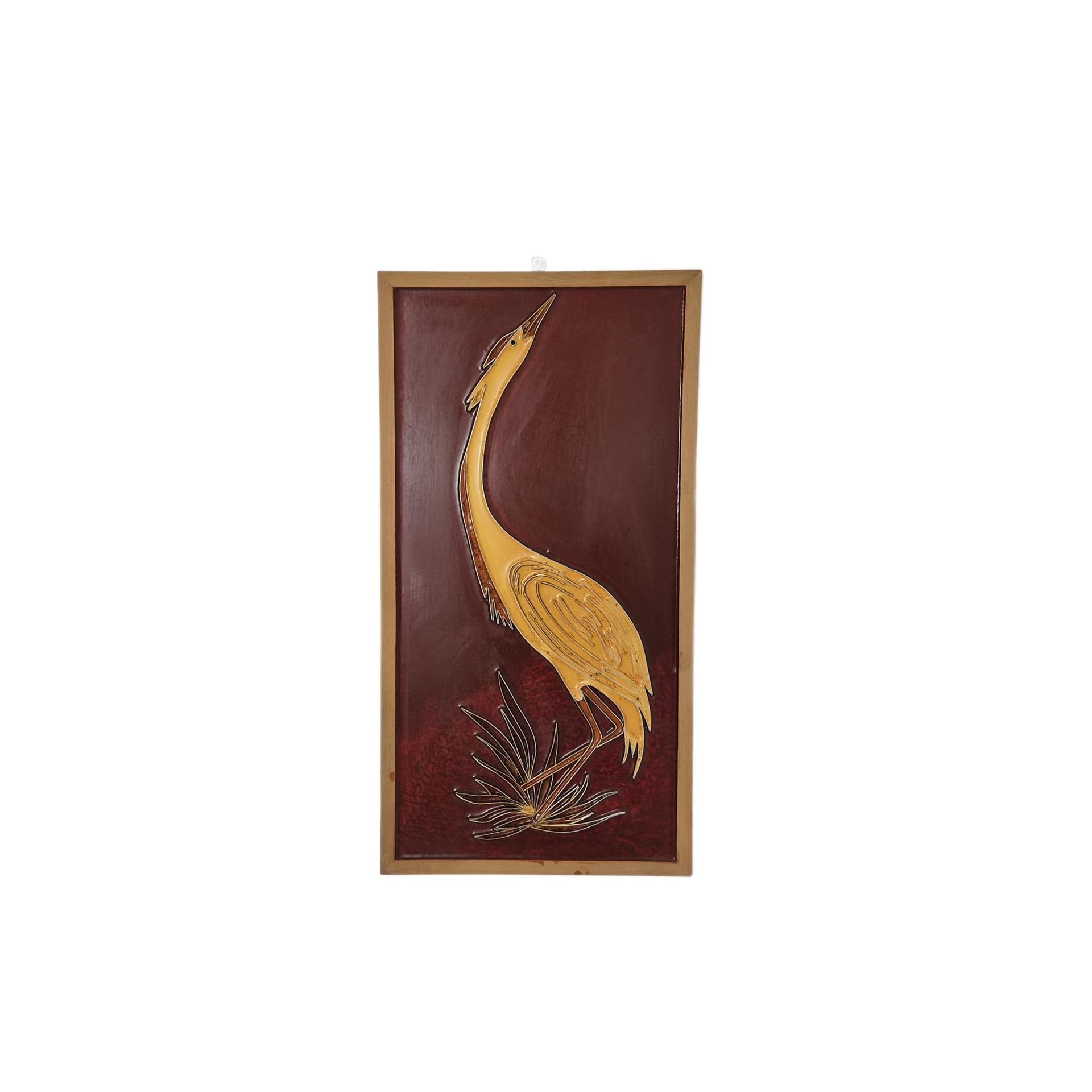 Płaskorzeźba ścienna, cloisonné żółty czerwony, metal emalia drewno, Norwegia, lata 70.