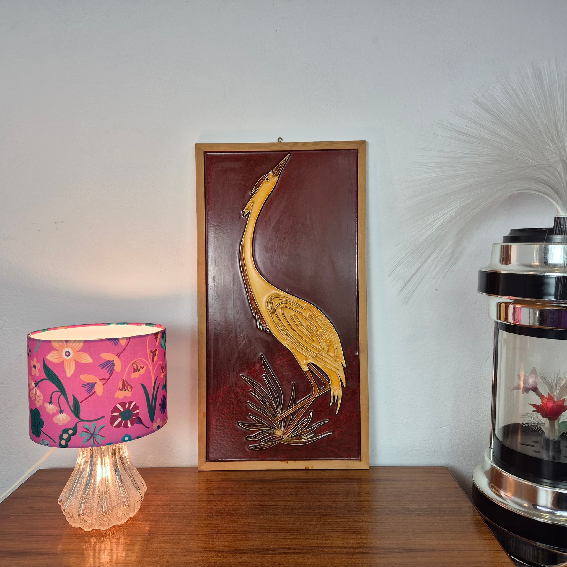 Płaskorzeźba ścienna, cloisonné żółty czerwony, metal emalia drewno, Norwegia, lata 70. - 299952