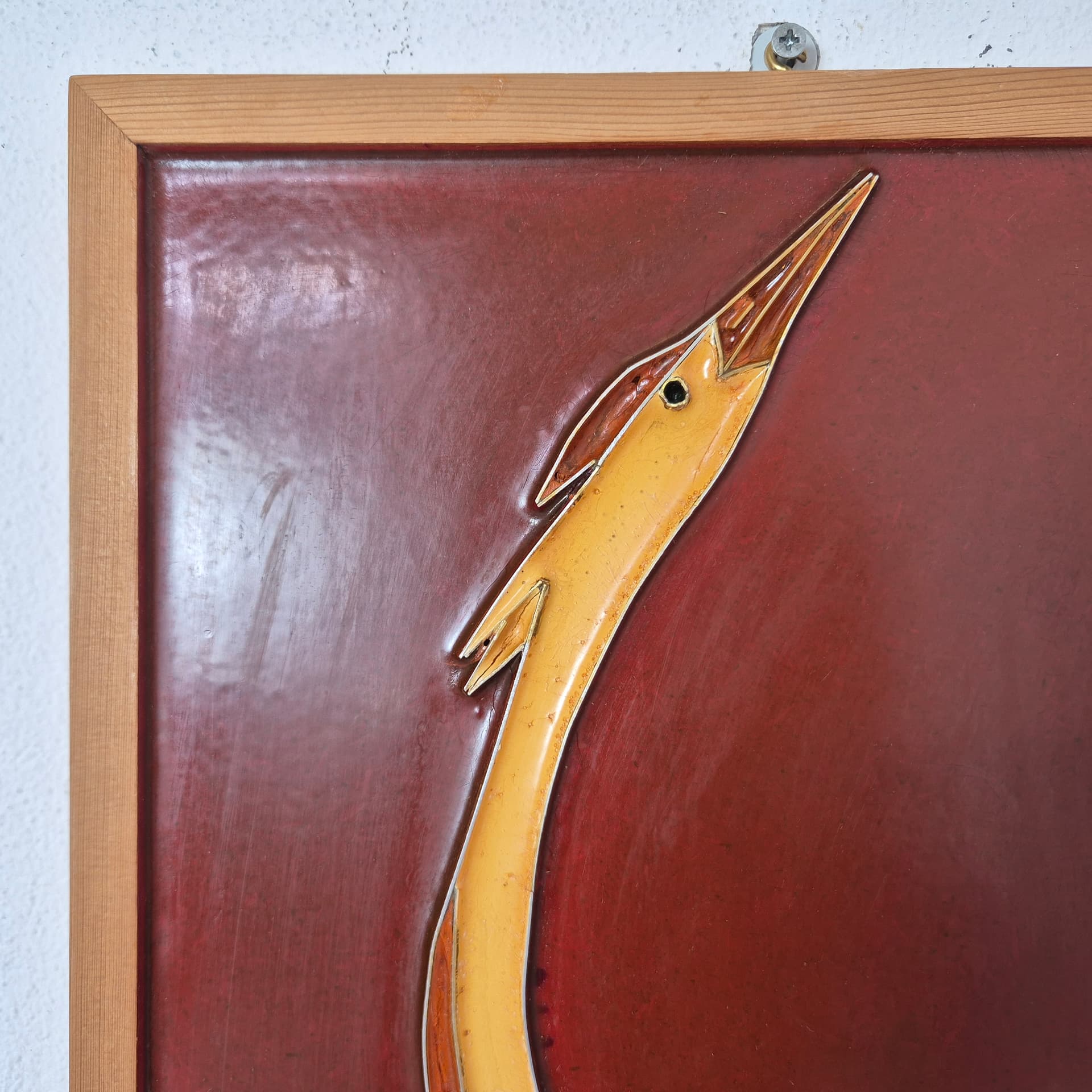Płaskorzeźba ścienna, cloisonné żółty czerwony, metal emalia drewno, Norwegia, lata 70. - 299951