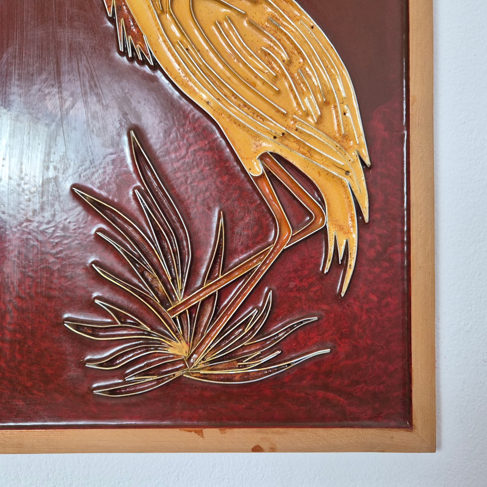 Płaskorzeźba ścienna, cloisonné żółty czerwony, metal emalia drewno, Norwegia, lata 70. - 299955
