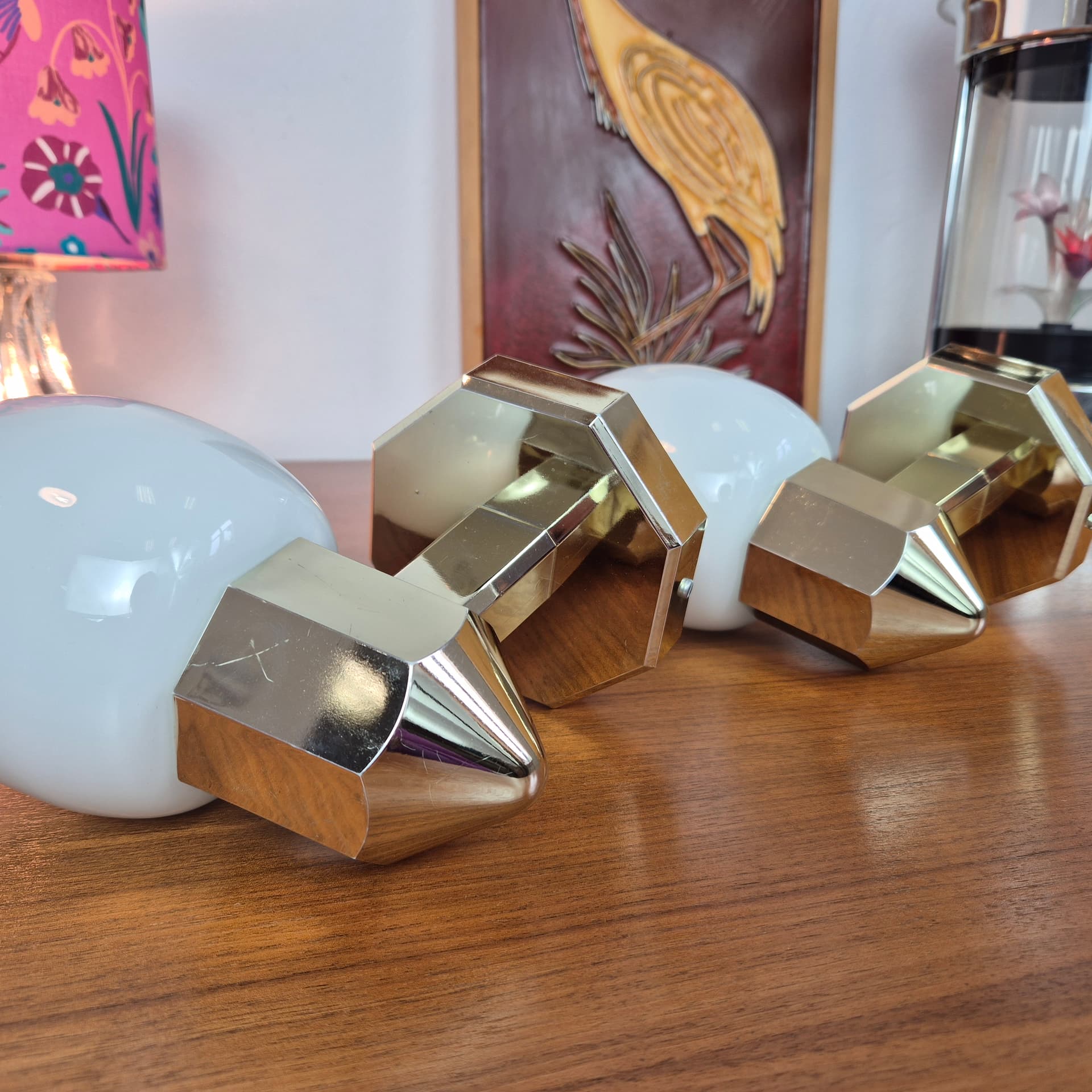 Pair of wall sconces, gold plastic, white glass, Germany, 1980s. - 300028