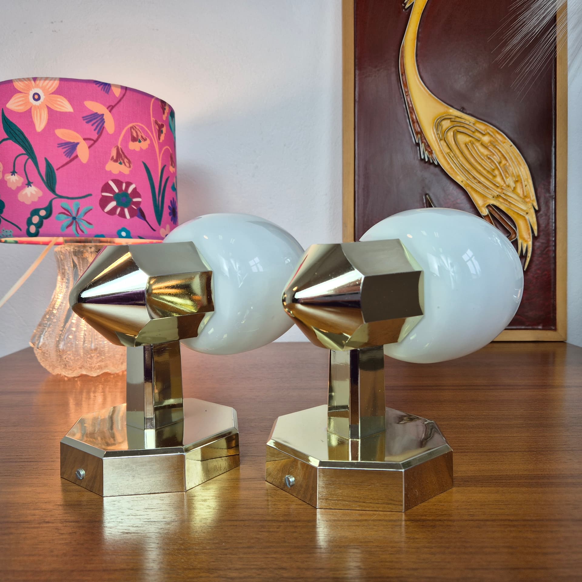 Pair of wall sconces, gold plastic, white glass, Germany, 1980s. - 300030