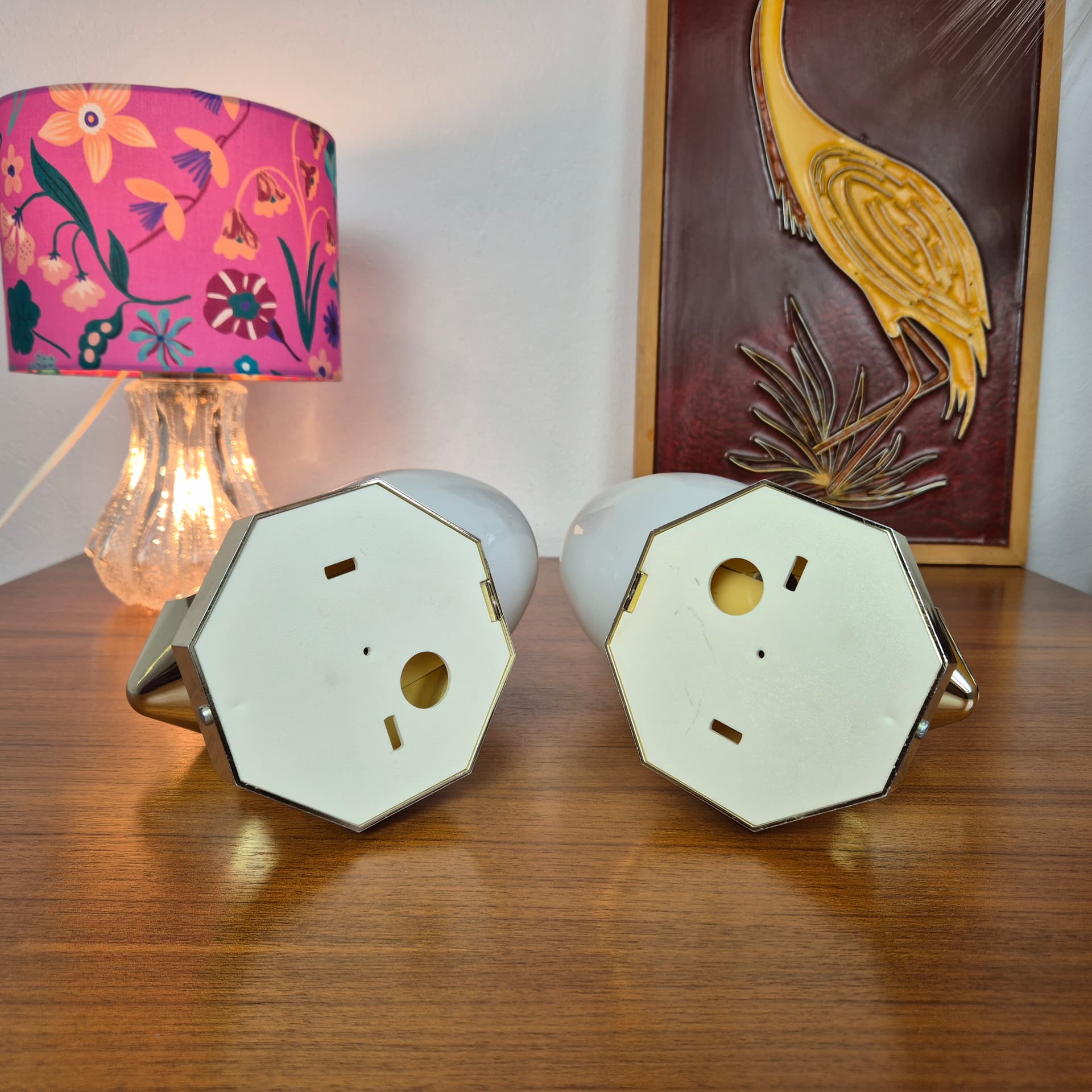 Pair of wall sconces, gold plastic, white glass, Germany, 1980s. - 300032