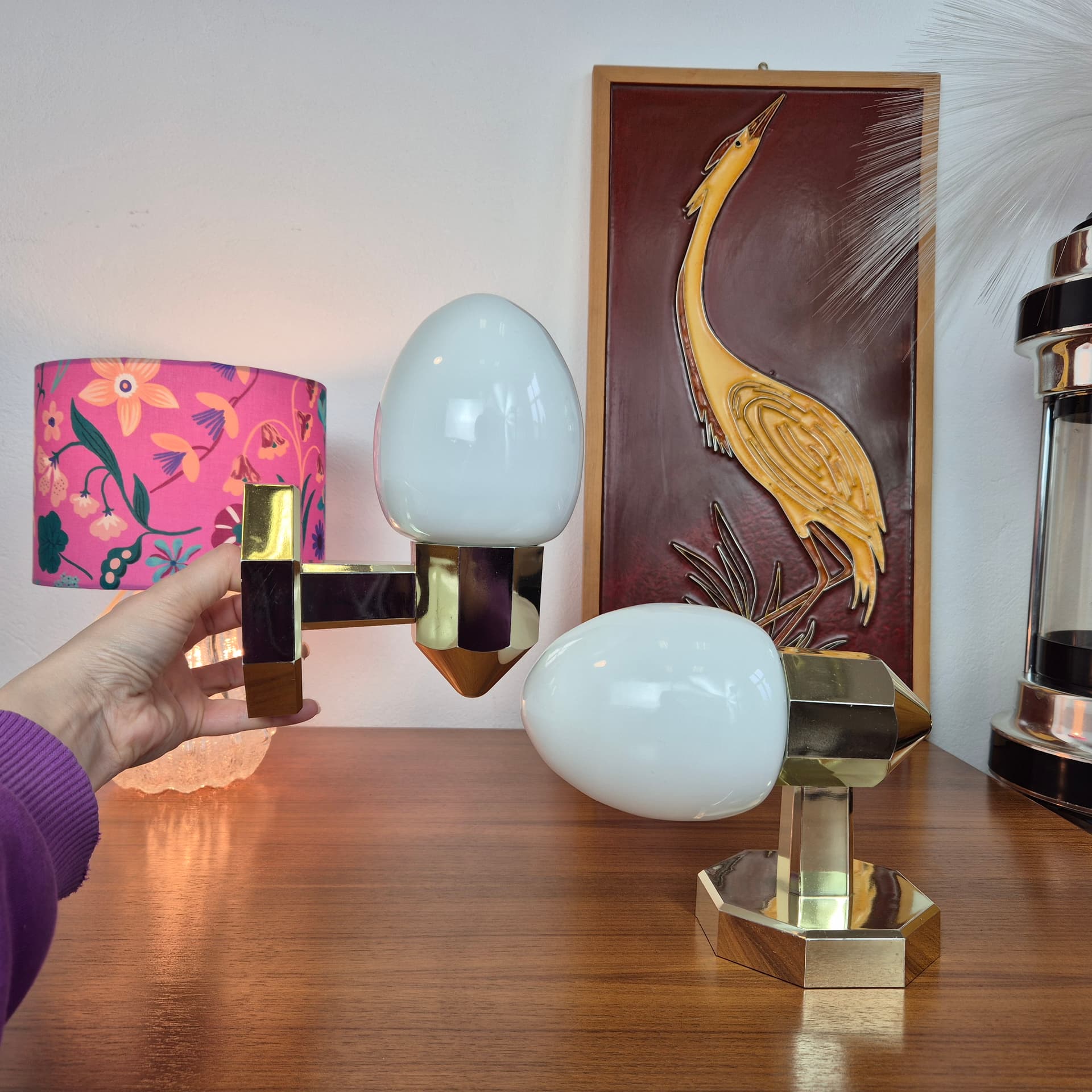 Pair of wall sconces, gold plastic, white glass, Germany, 1980s. - 300033