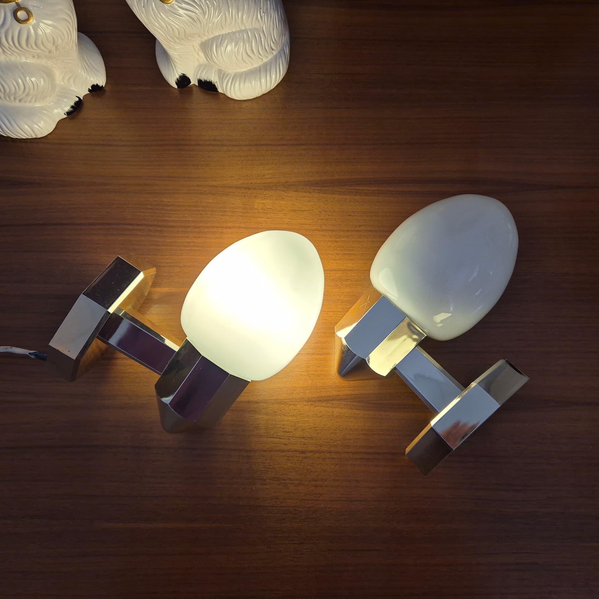 Pair of wall sconces, gold plastic, white glass, Germany, 1980s. - 300034