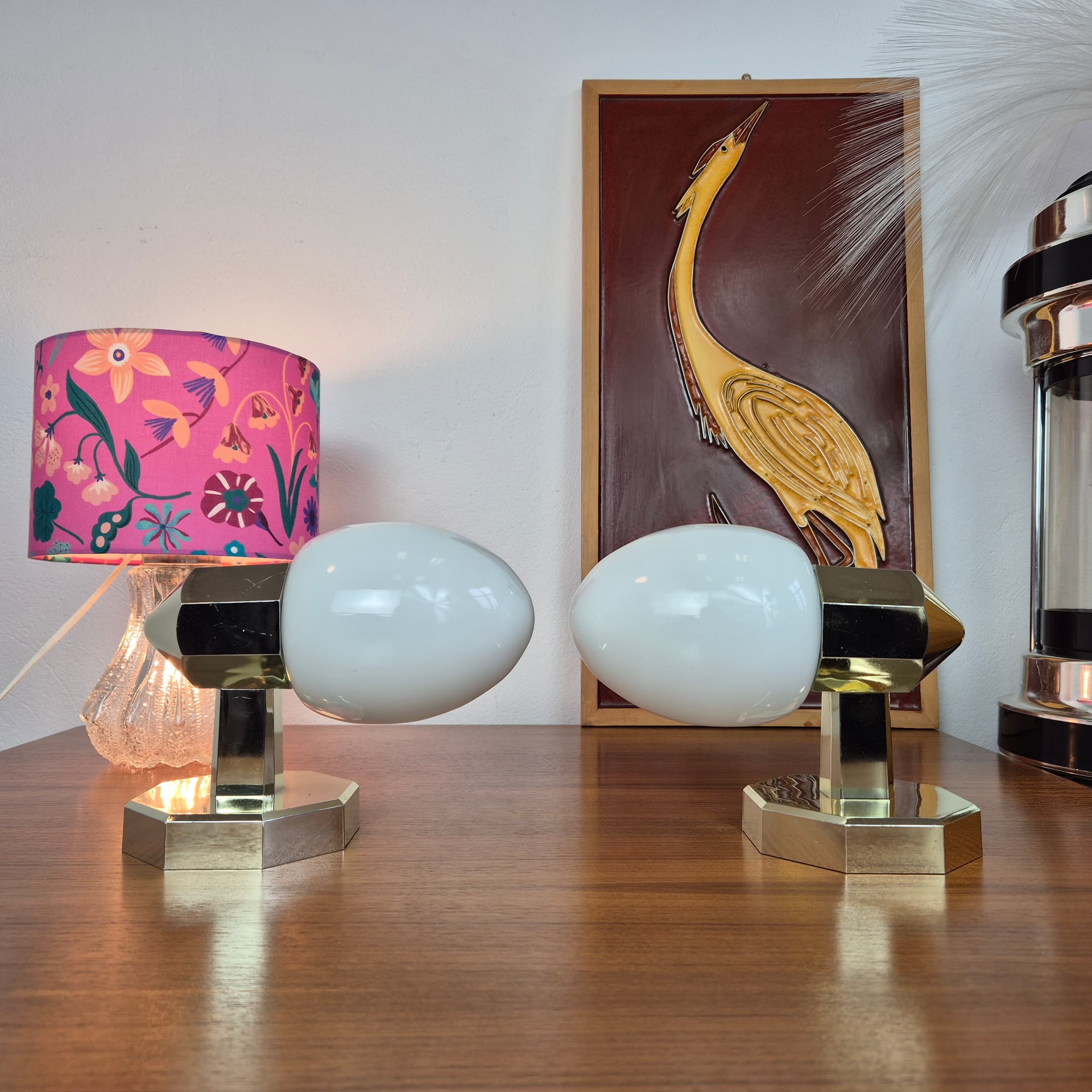 Pair of wall sconces, gold plastic, white glass, Germany, 1980s. - 300029